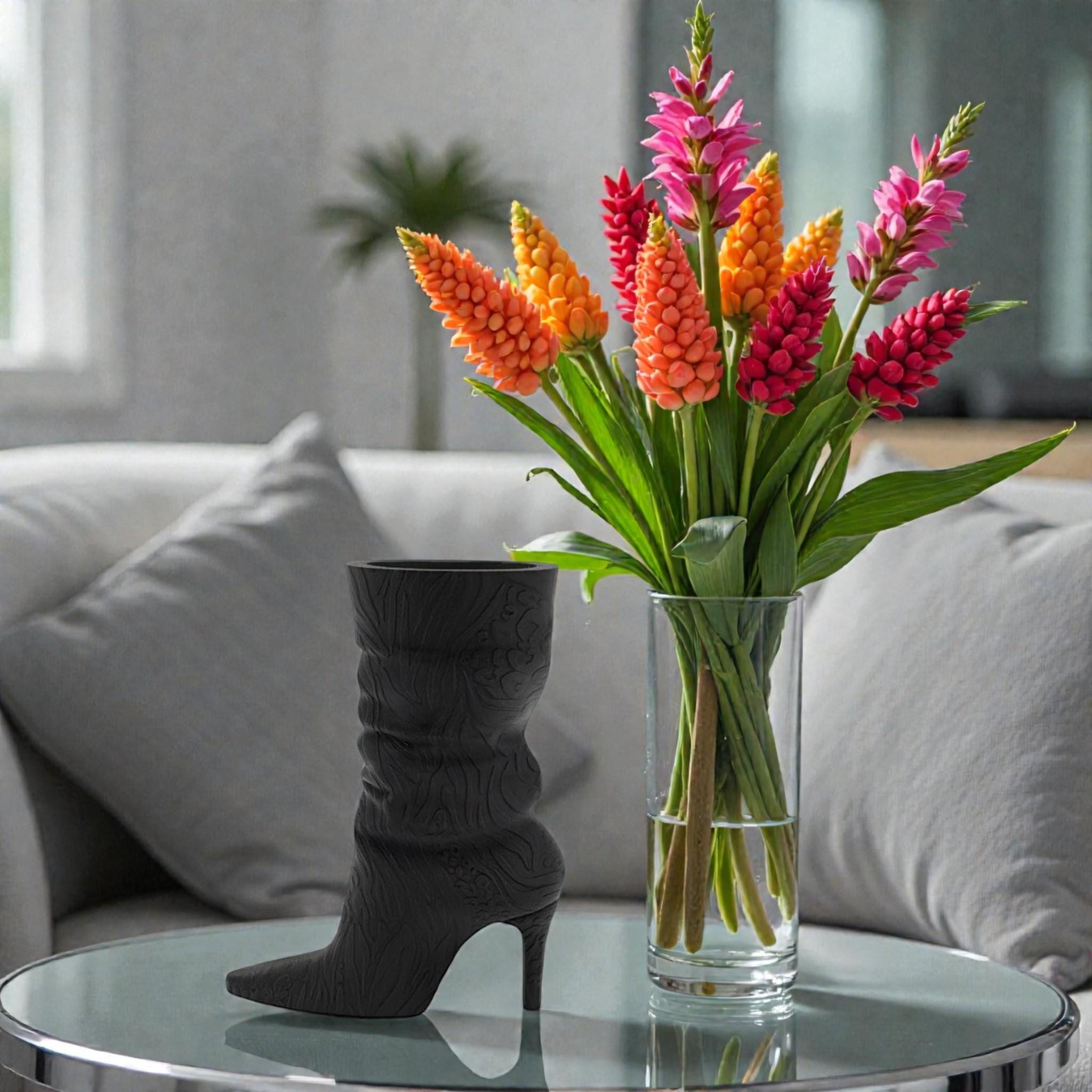 3D Printed High Heel Boot Vase: Hand - Painted Gold/Silver Accent - Modern Fashion Decor - PashmationVases