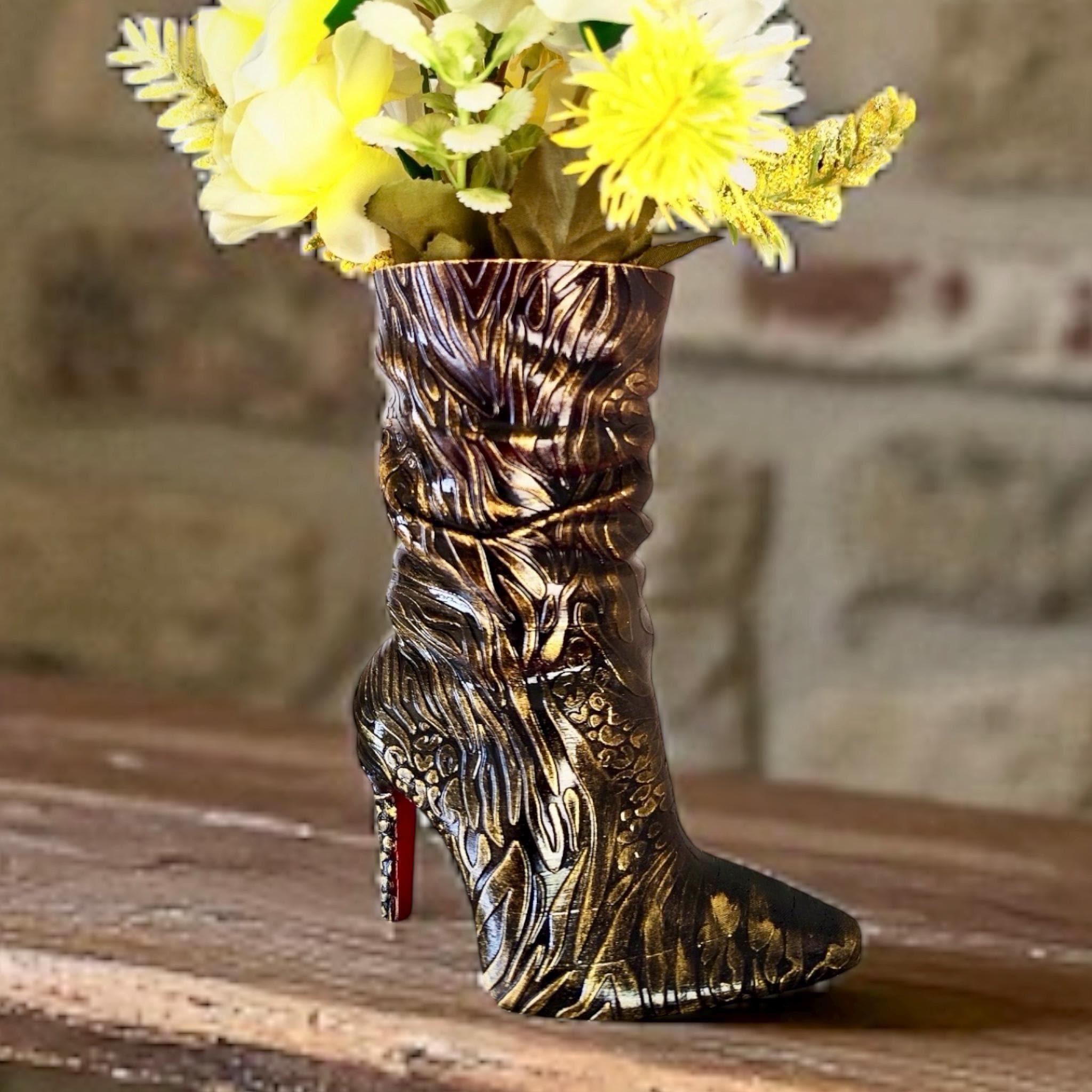 3D Printed High Heel Boot Vase: Hand - Painted Gold/Silver Accent - Modern Fashion Decor - PashmationVases