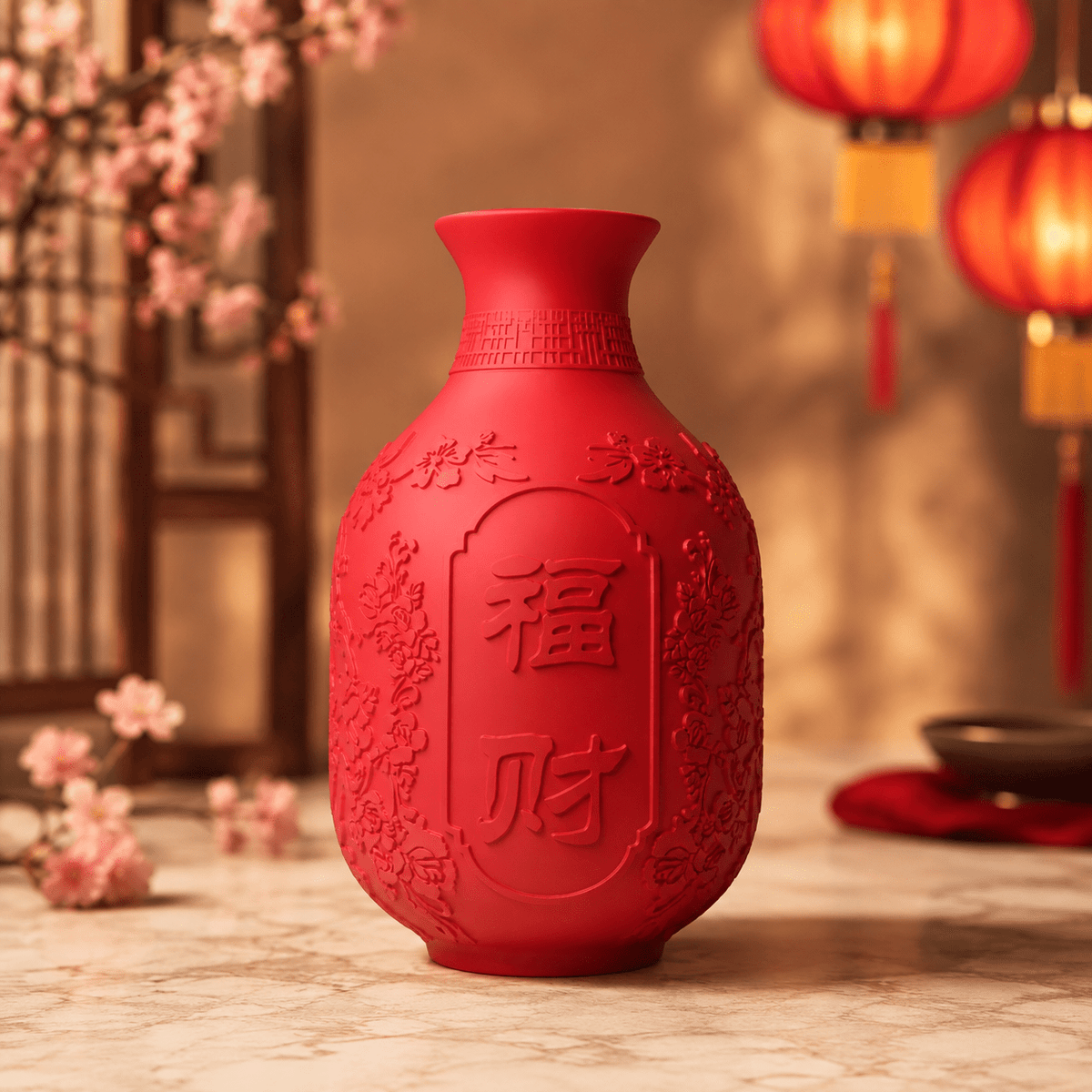3D Printed Lunar New Year Vase: Red Festive Decor with 福 & 财 by Pashmation