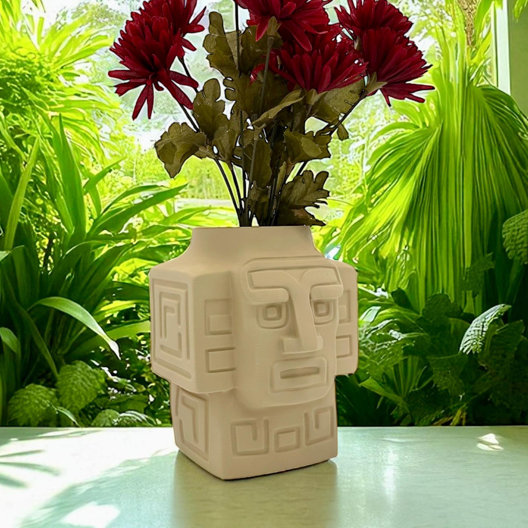 3D Printed Totem Face Vase Modern Tribal Decor Eco - Friendly PLA Contemporary Centerpiece - Pashmation