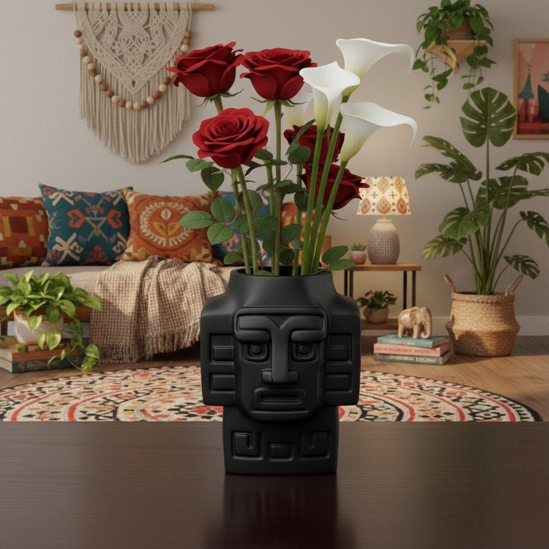3D Printed Totem Face Vase Modern Tribal Decor Eco - Friendly PLA Contemporary Centerpiece - Pashmation