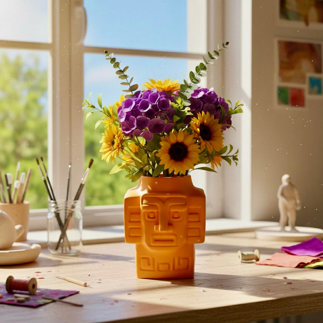3D Printed Totem Face Vase Modern Tribal Decor Eco - Friendly PLA Contemporary Centerpiece - Pashmation
