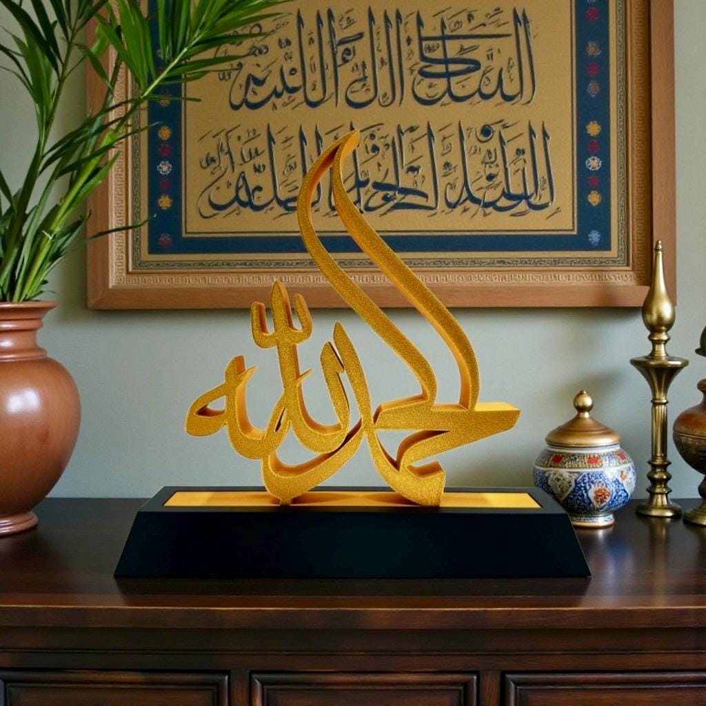 Alhamdulillah Arabic Calligraphy 3D Printed Islamic Sculpture - Gold Silver Muslim Home Decor Religious Art Gift - Pashmation