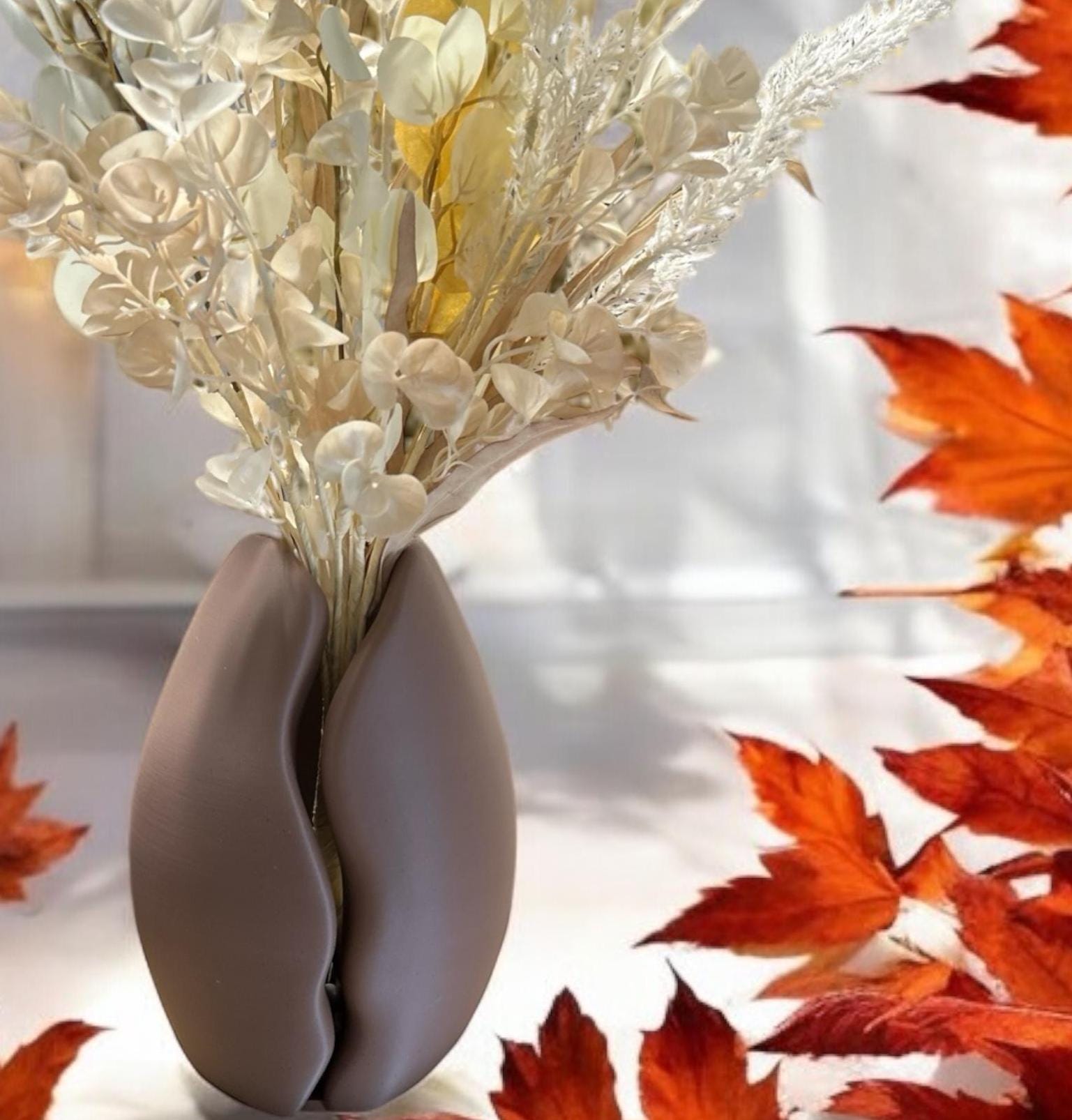 Coffee Bean Vase with autumn florals – figural sculptural decor