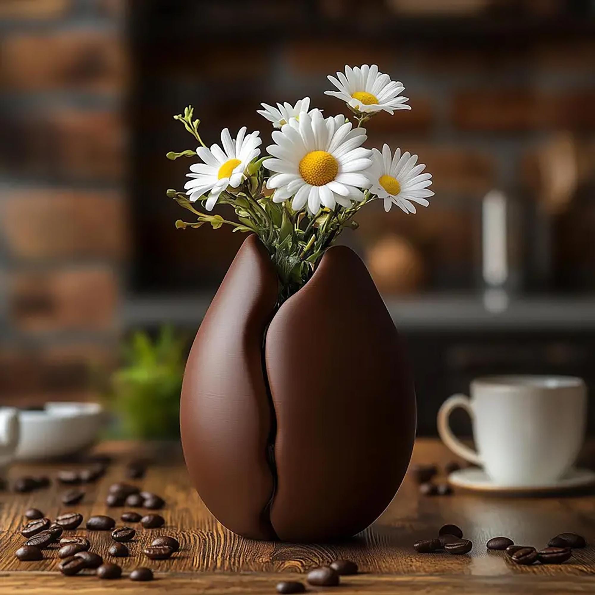 Brown Coffee Bean Vase styled with daisies in coffee shop interior