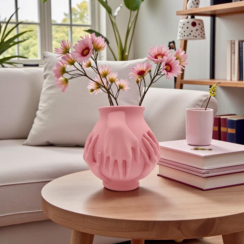 Multi-Hand Vase with pink florals outdoors – sculptural figural centerpiece