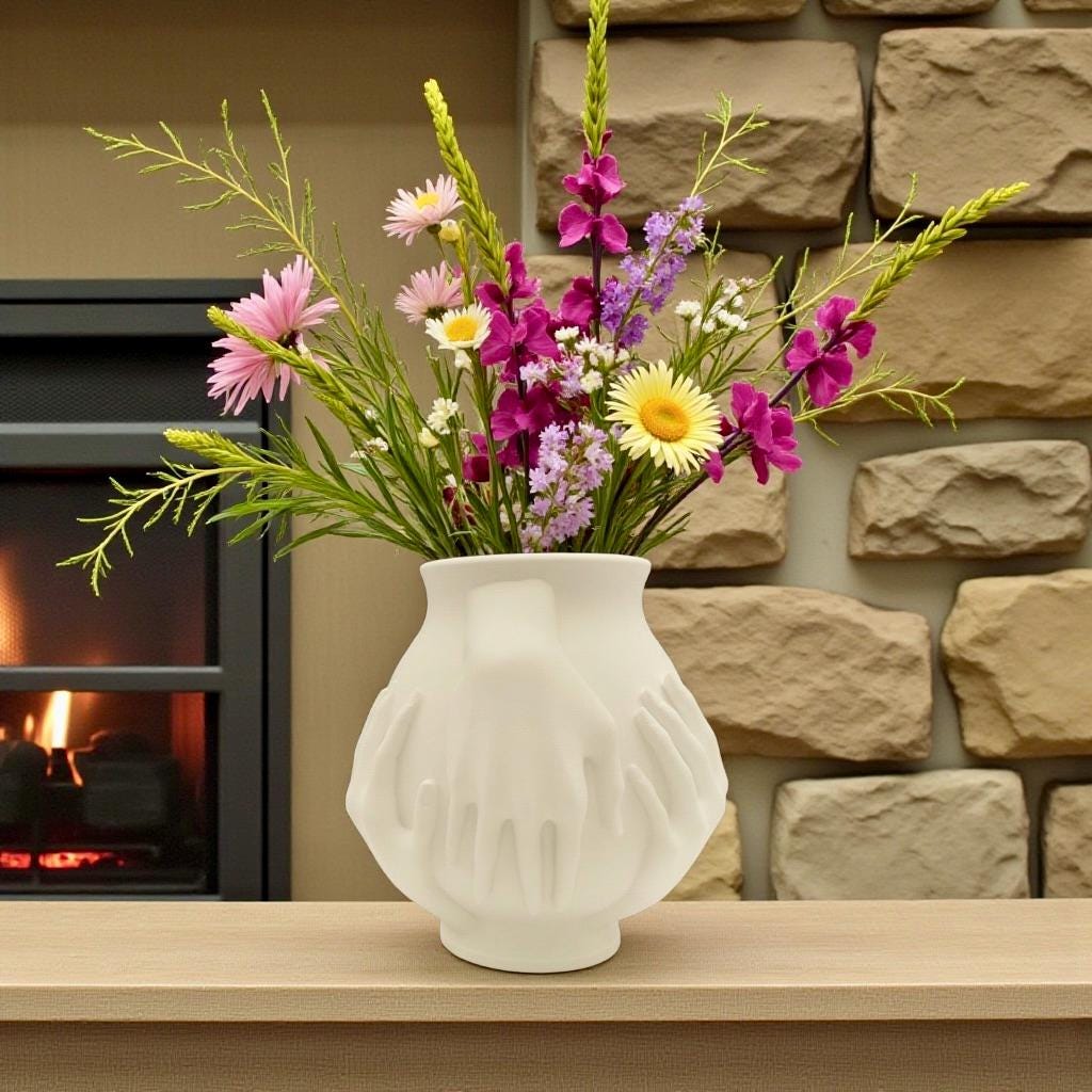 White Multi-Hand Vase styled with mixed florals – sculptural figural centerpiece