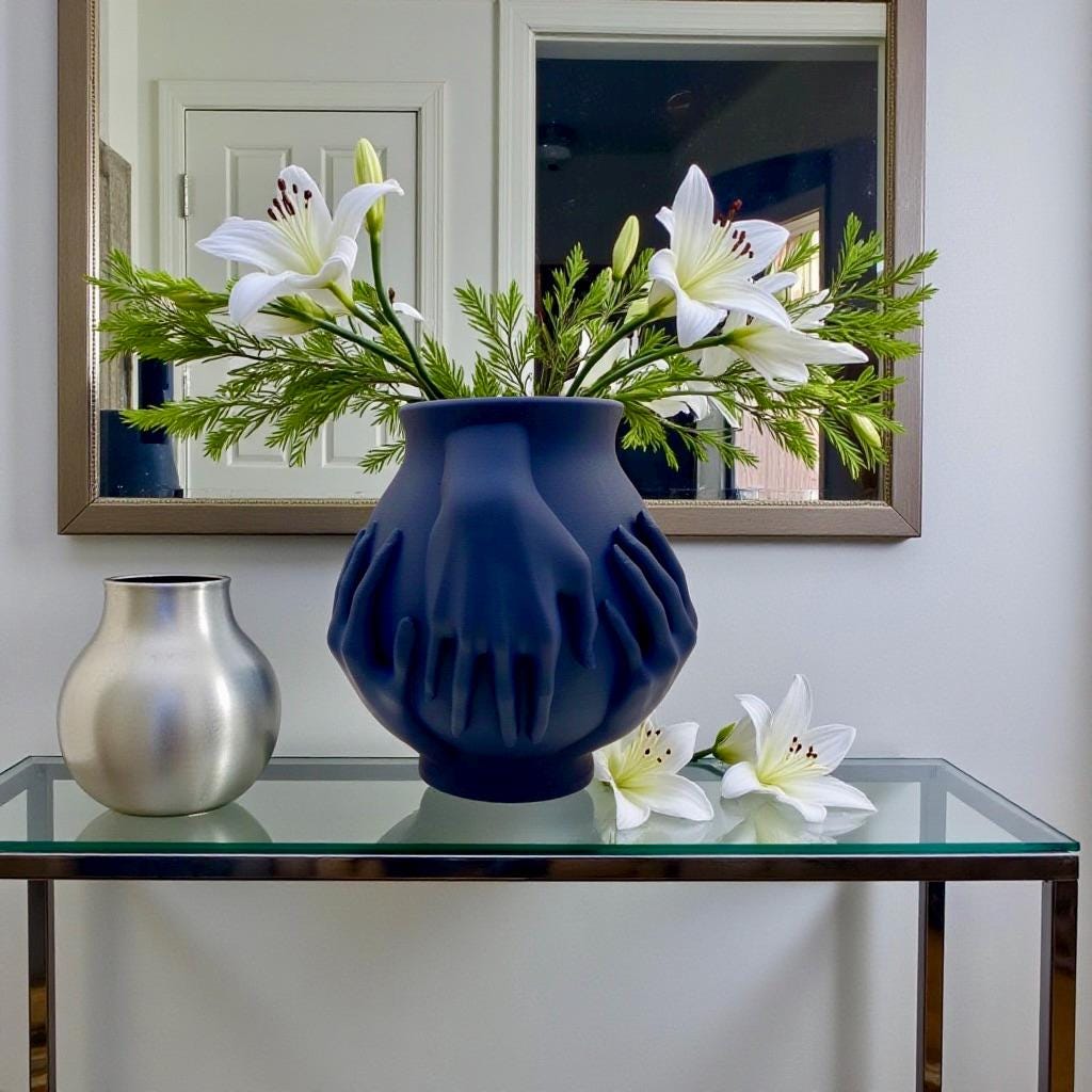 Dark Blue Multi-Hand Vase on shelf – sculptural figural centerpiece