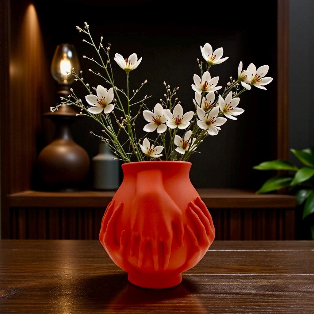 Red Multi-Hand Vase styled with mixed florals – sculptural figural centerpiece