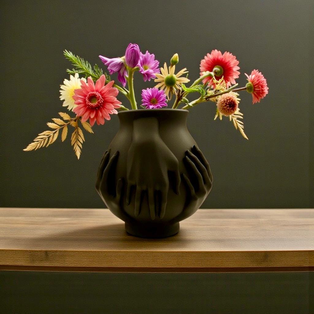 Multi-Hand Vase styled with mixed florals – sculptural figural centerpiece