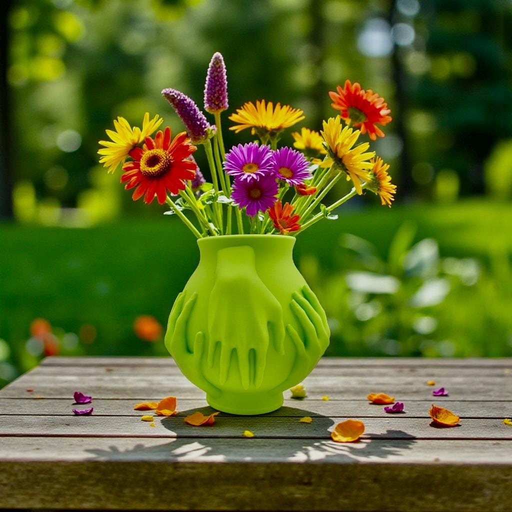 Multi-Hand Vase styled outdoors – sculptural figural vase with hands