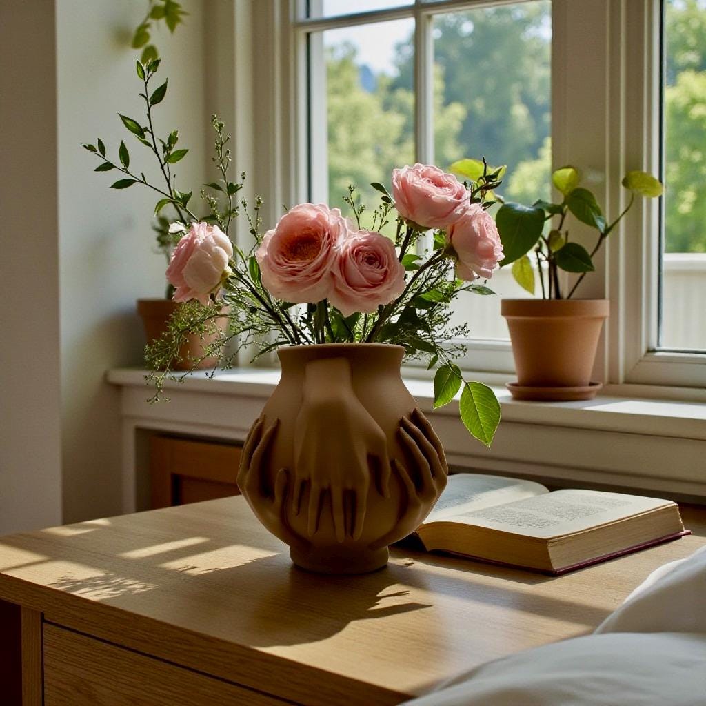 Brown Multi-Hand Vase styled with mixed florals – sculptural figural centerpiece