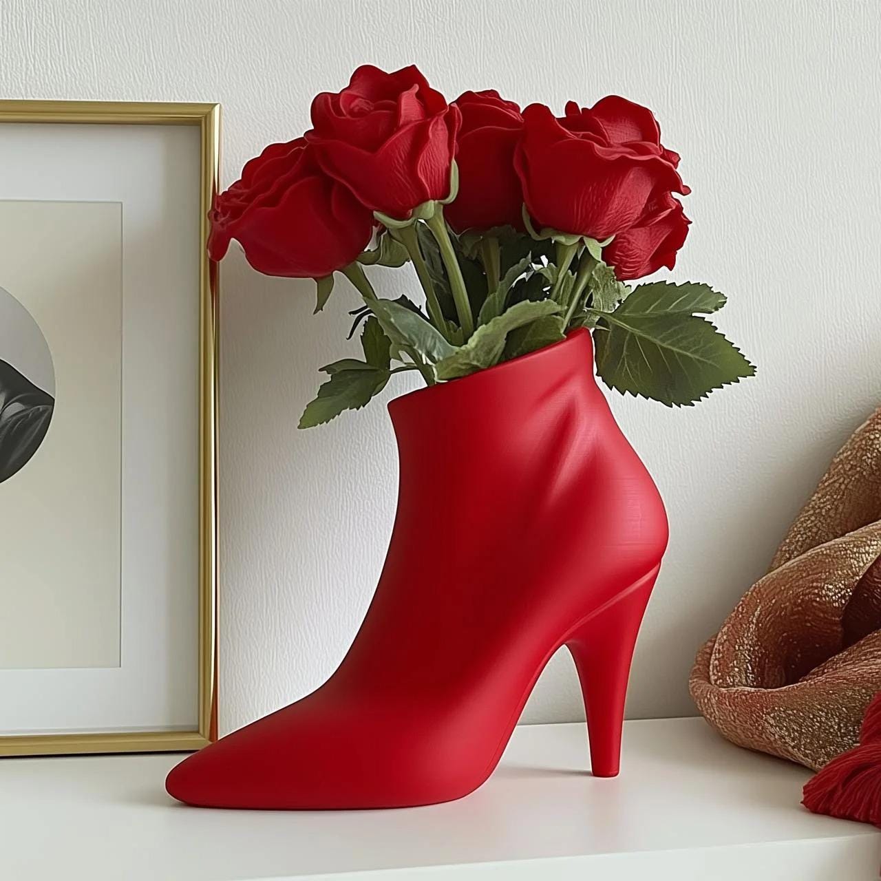 Red High Heel Vase with red roses – figural boot sculptural centerpiece