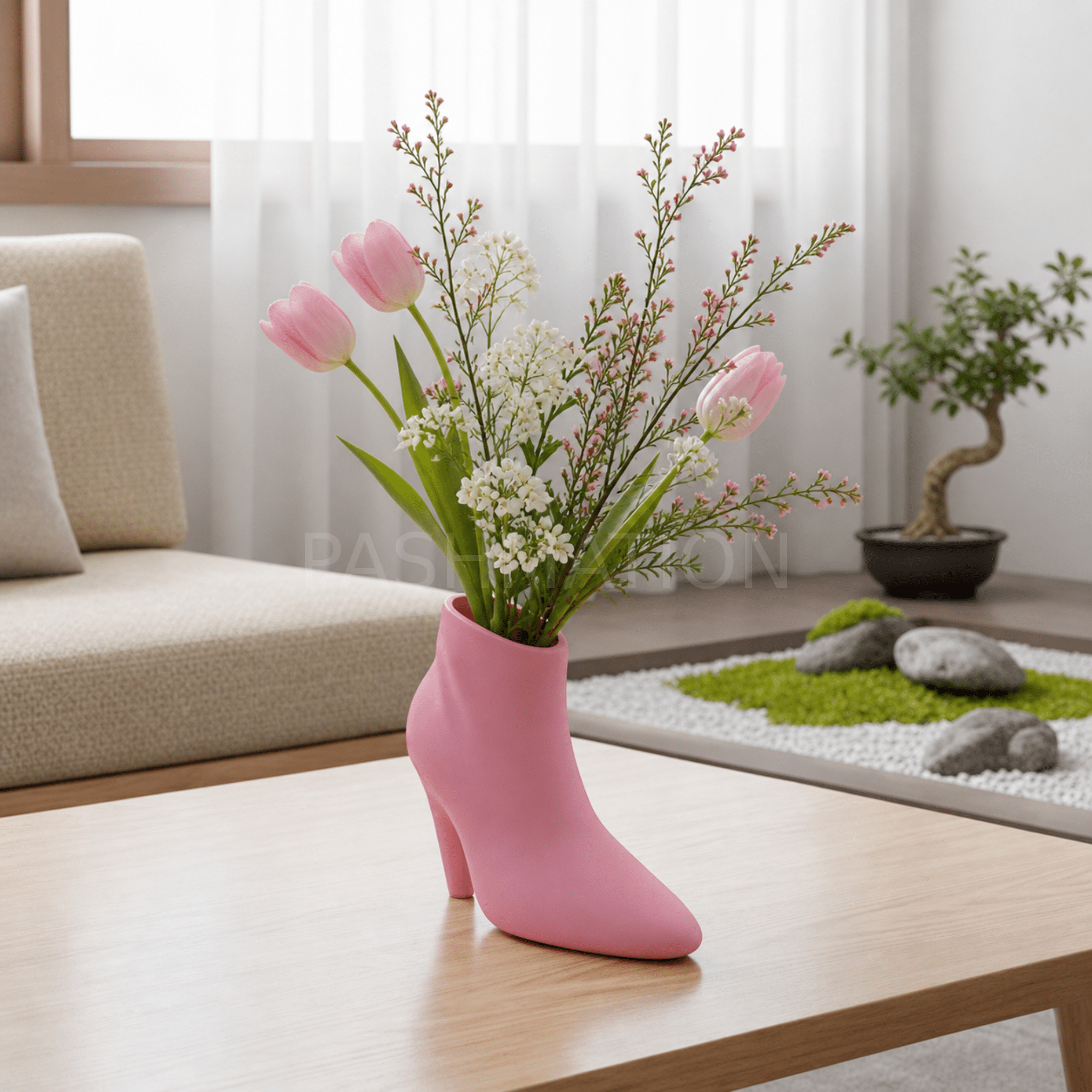 High Heel Vase styled in modern home – figural boot sculptural centerpiece