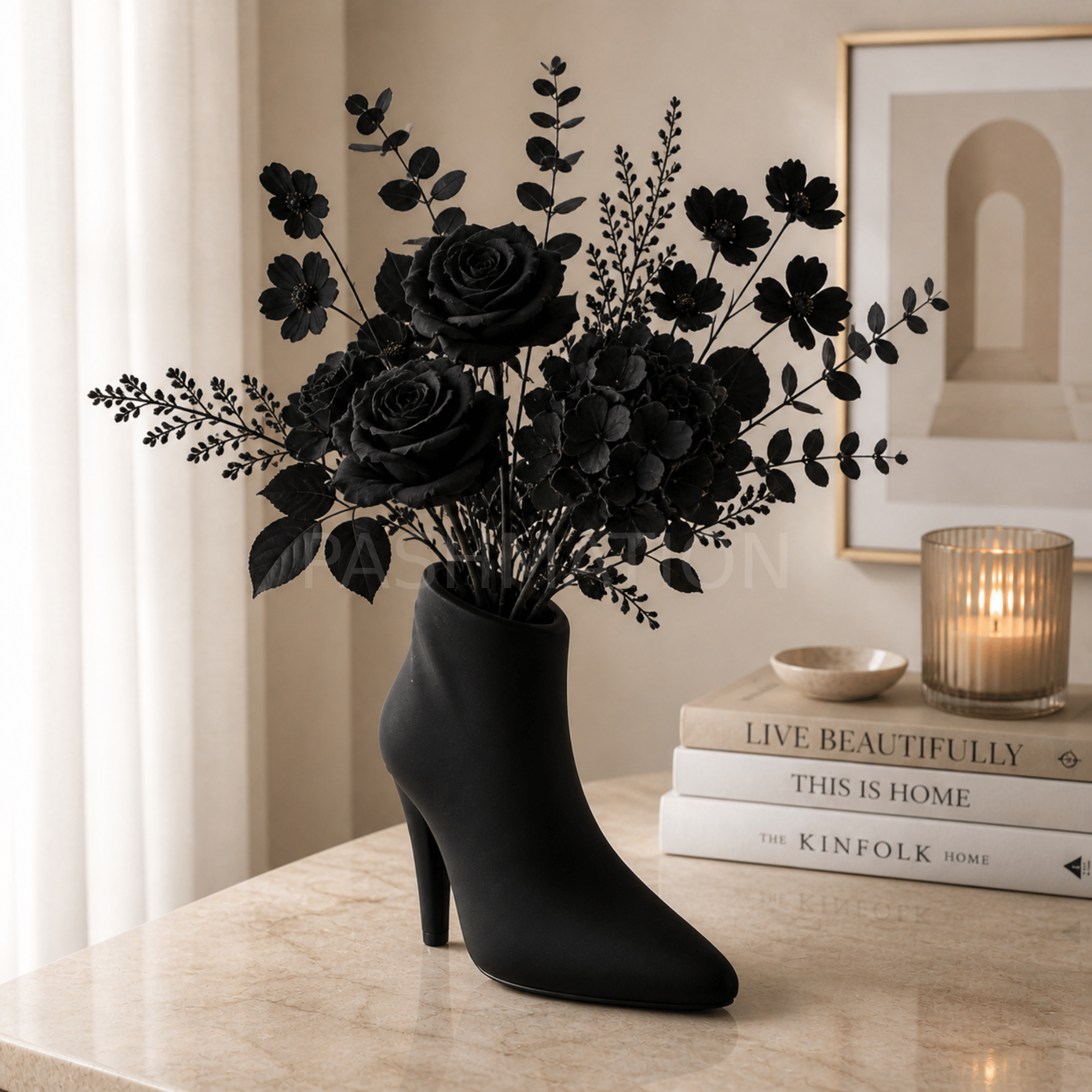 Black High Heel Vase with branches – figural boot vase decor