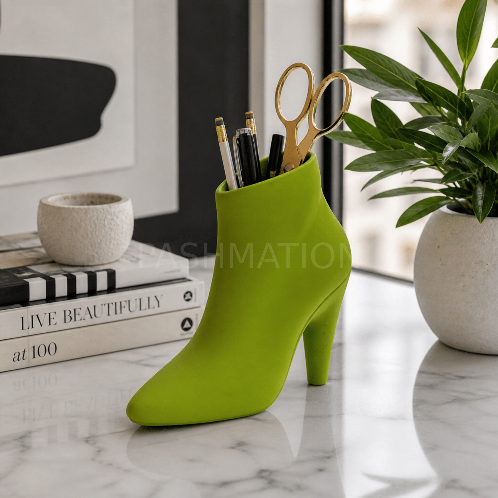 High Heel Vase styled in modern home – figural boot sculptural centerpiece