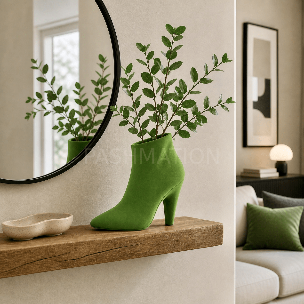 High Heel Vase styled in modern home – figural boot sculptural centerpiece