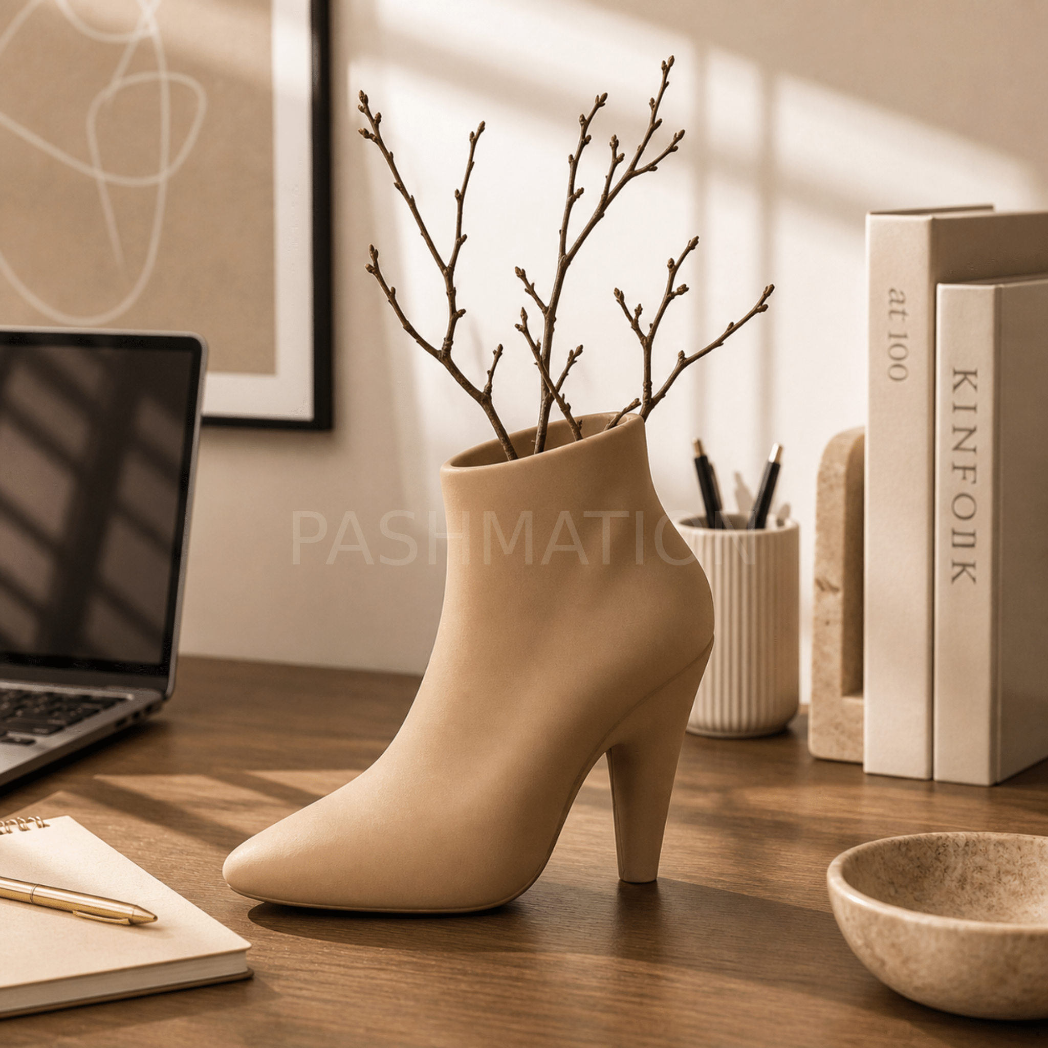 Tan High Heel Vase styled in modern living room – figural boot decor