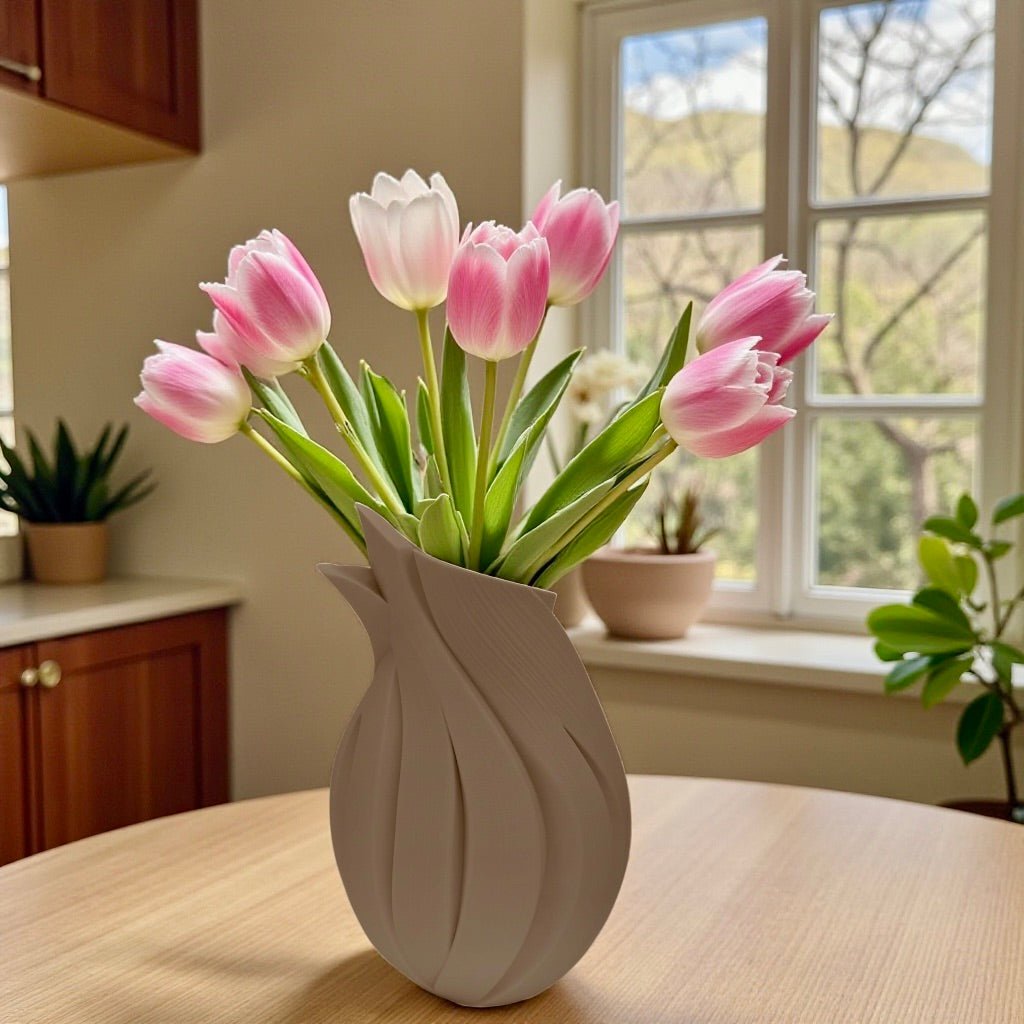 Flame Vase styled with mixed florals – twisted sculptural decor