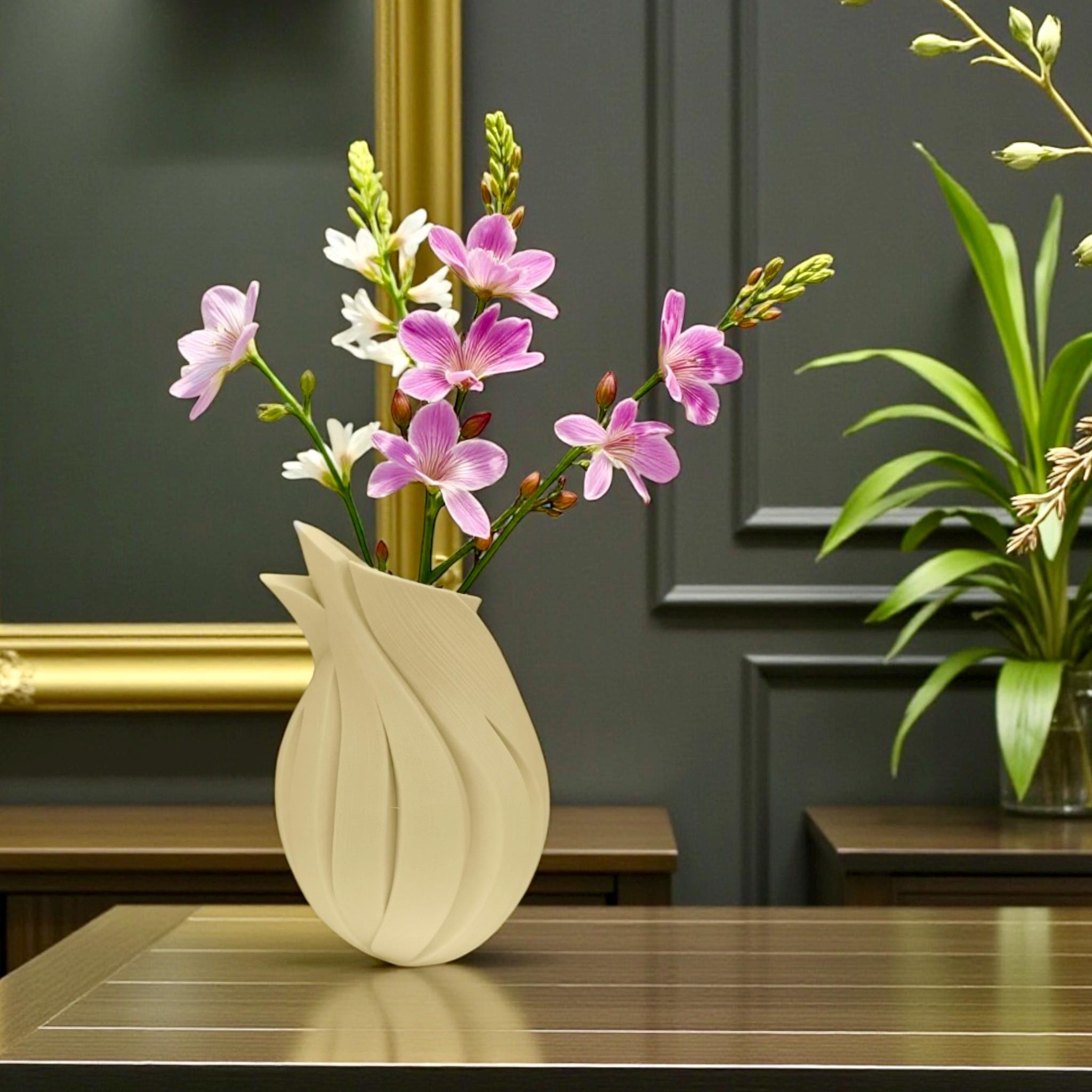 Tan Flame Vase with floral arrangement – flame-inspired sculptural decor