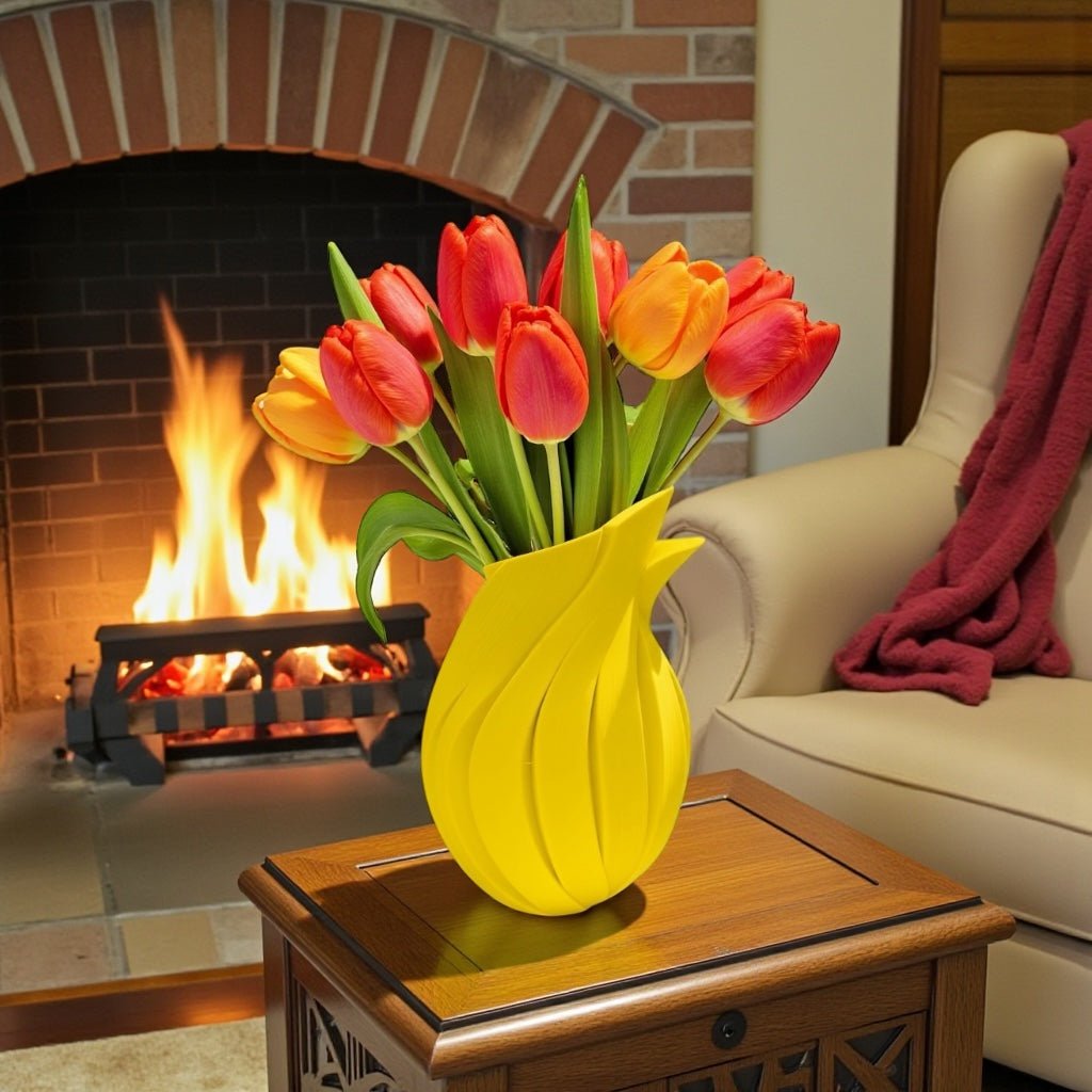Yellow Flame Vase styled with mixed florals – twisted sculptural decor