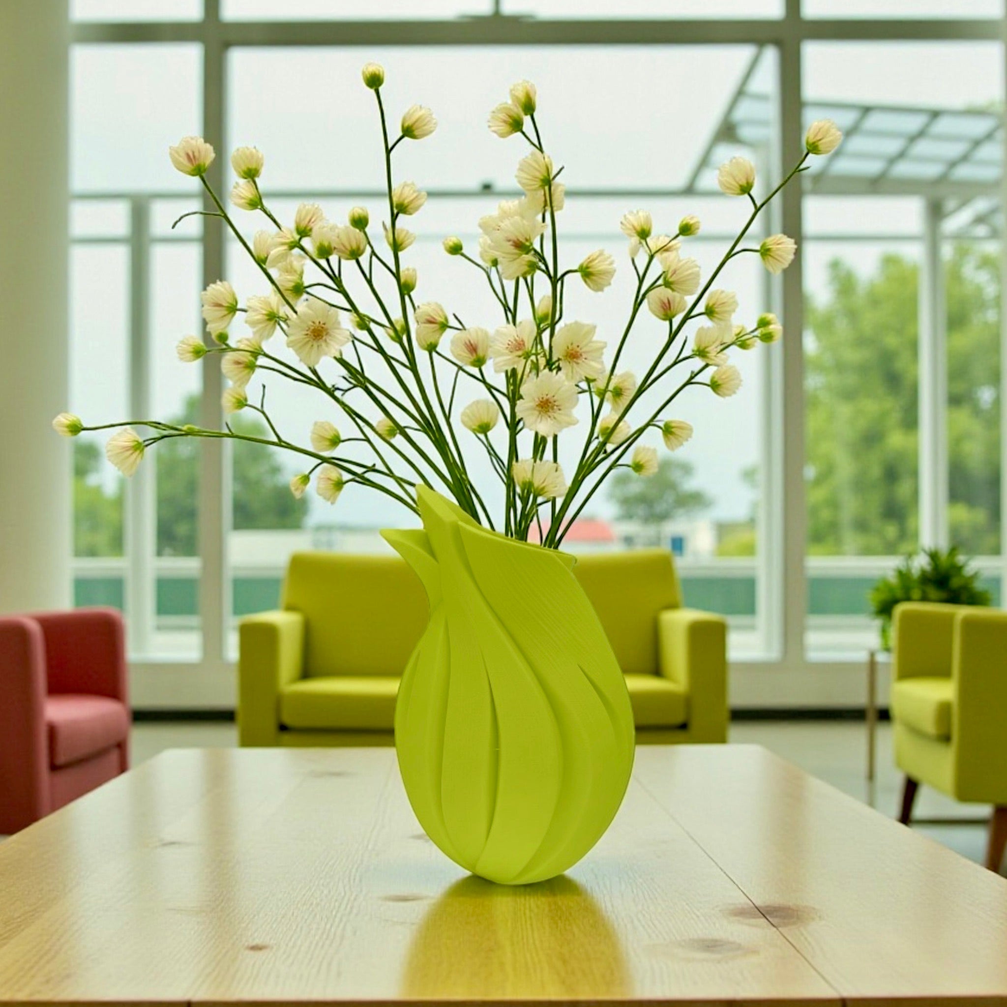 Lime Green Flame Vase styled with mixed florals – twisted sculptural decor