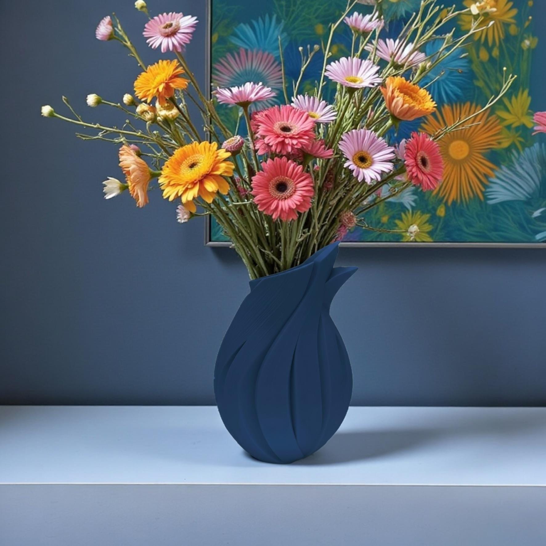 Blue Flame Vase with florals – flame-inspired sculptural centerpiece