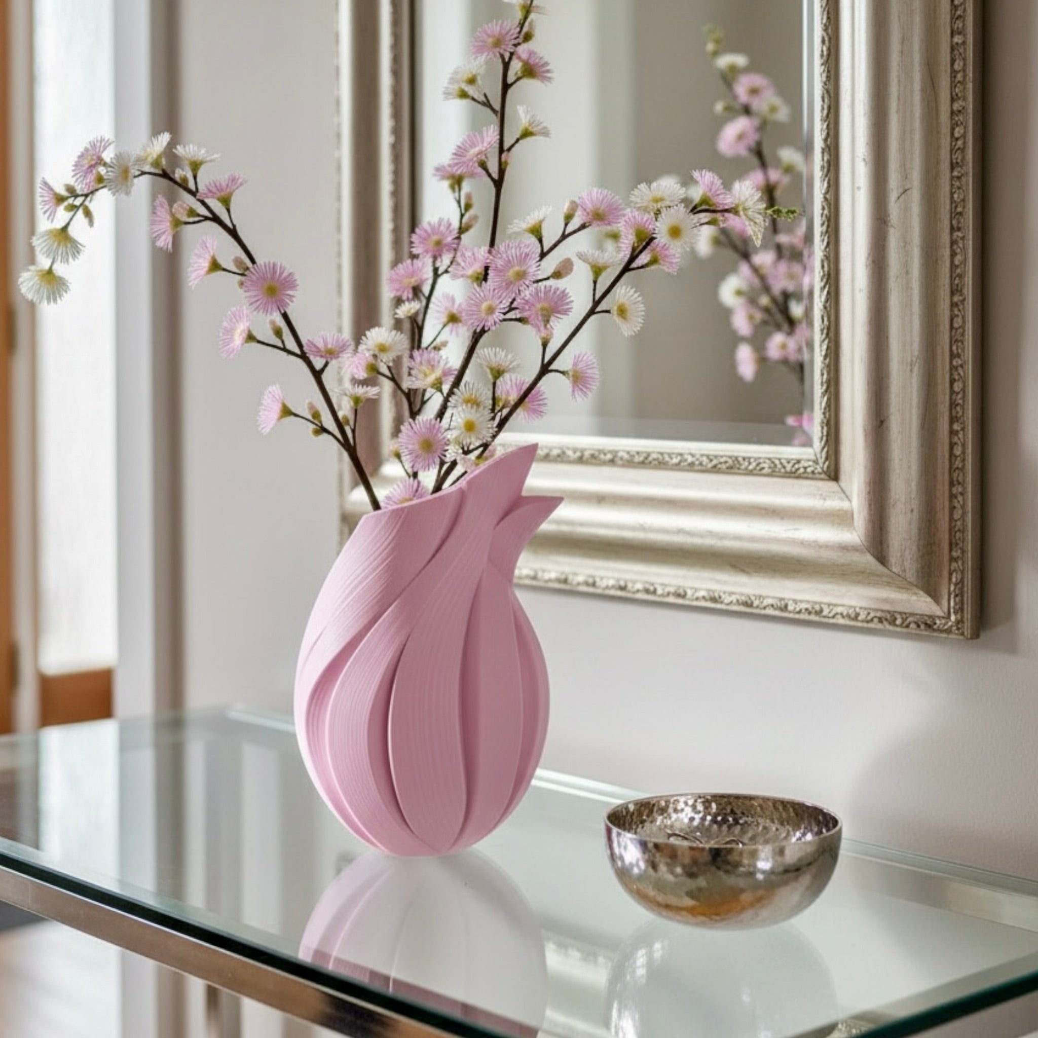 Flame Vase styled with mixed florals – twisted sculptural decor