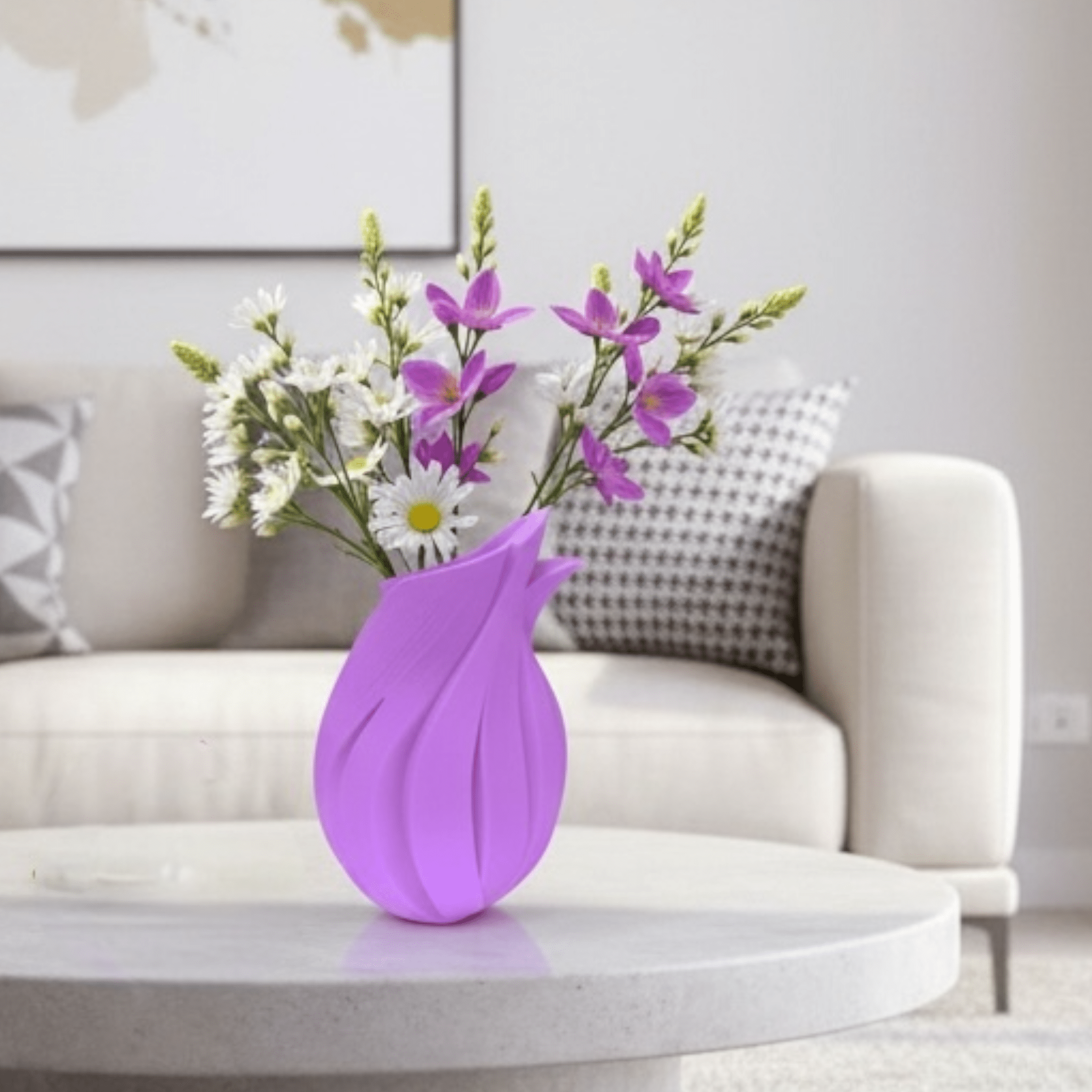 Purple Flame Vase styled with mixed florals – twisted sculptural decor