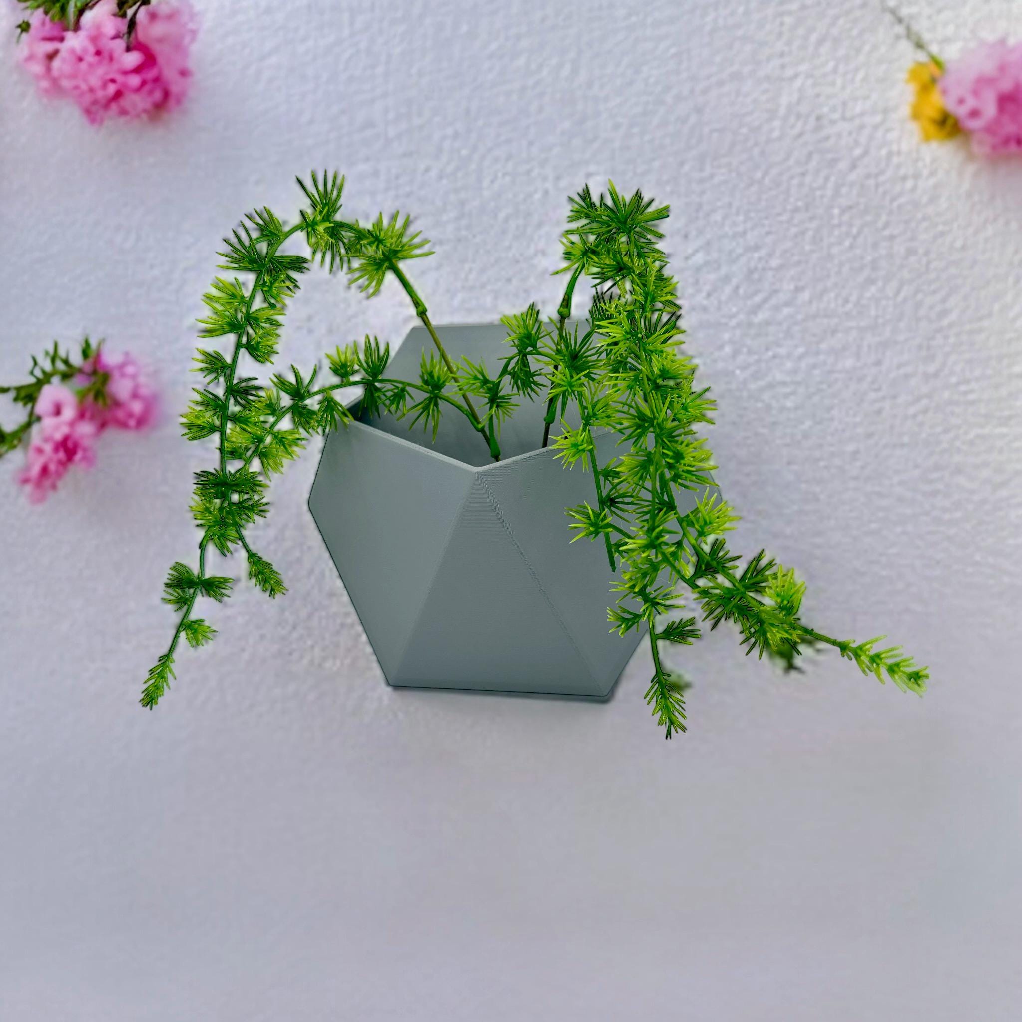 Geometric Wall Planter with pink florals – hexagonal prism modern wall decor