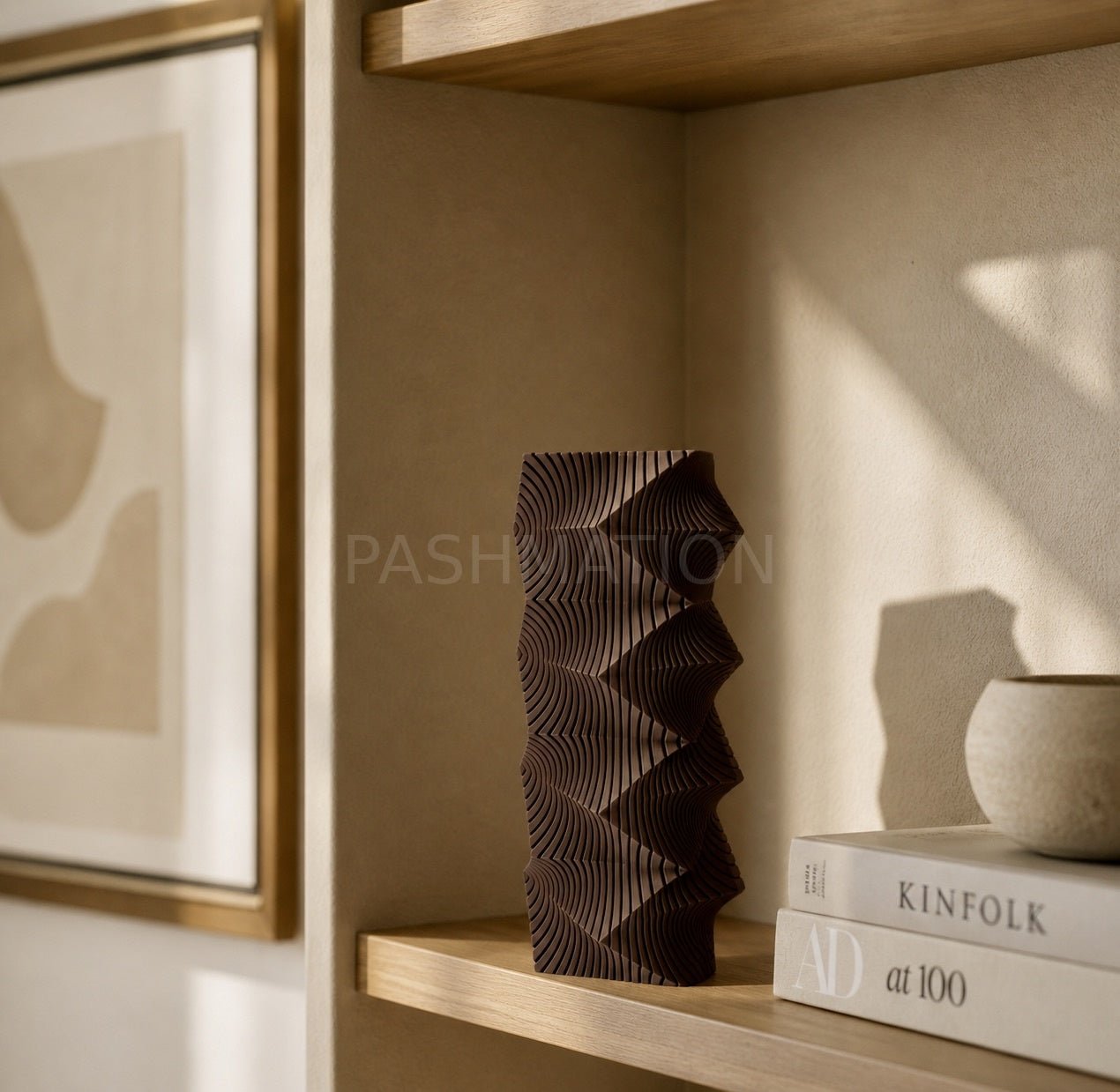 Dark Brown Geometric Wave Vase styled with botanicals – tall sculptural decor