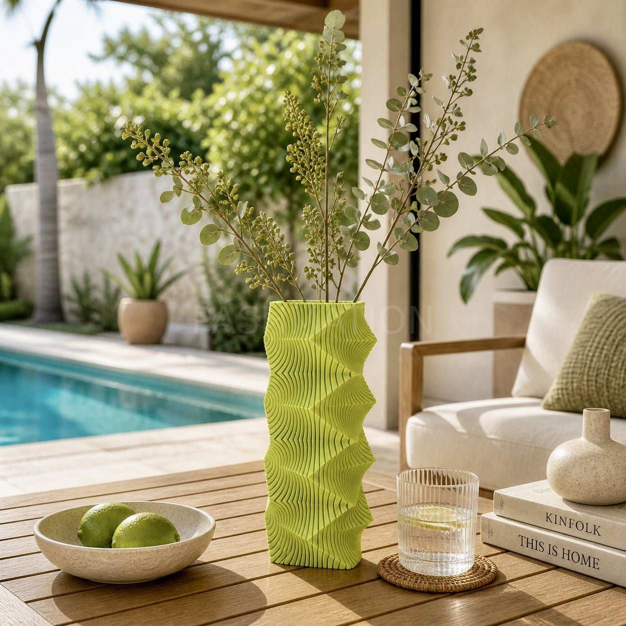 Lime Green Geometric Wave Vase – tall carved column with wave pattern