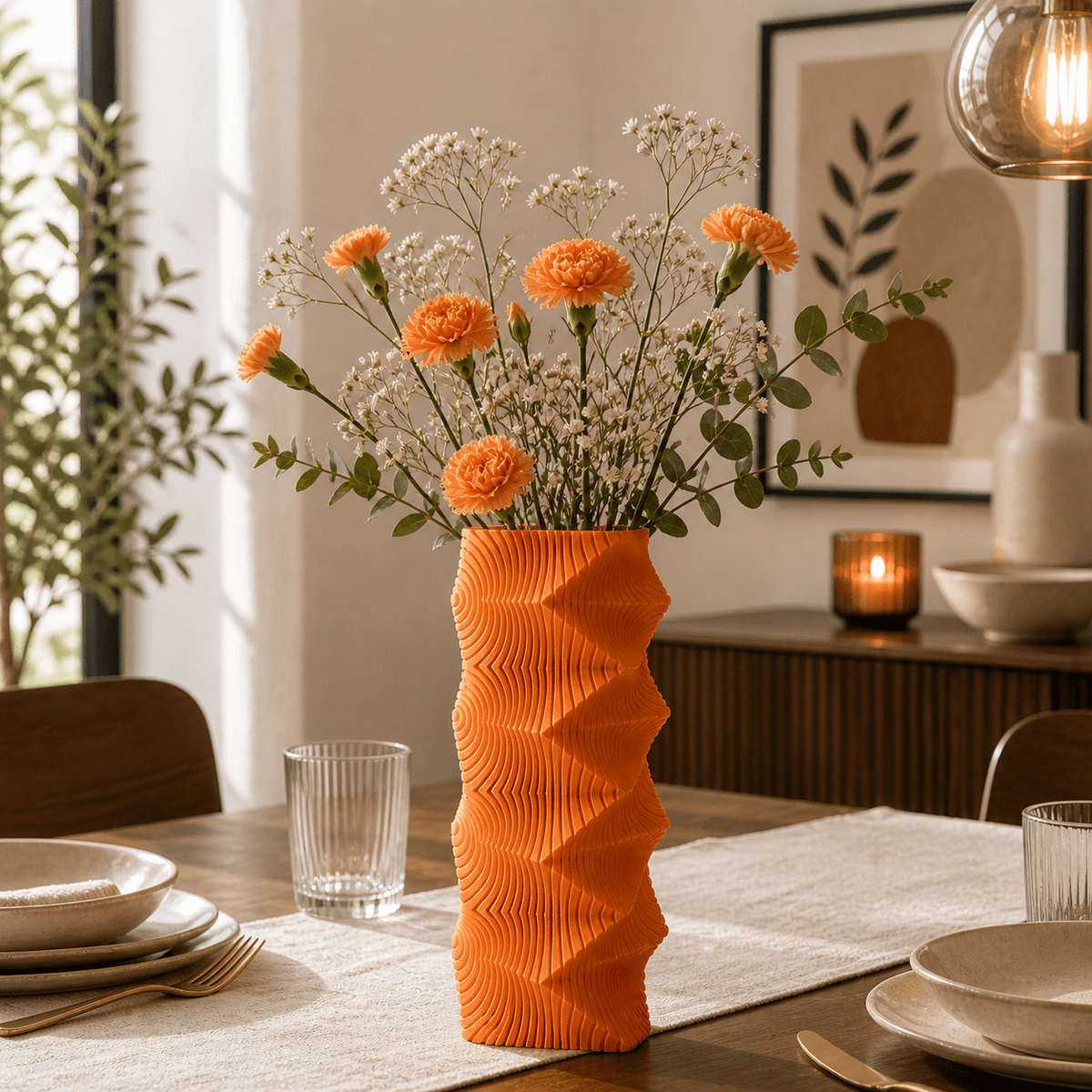 Geometric Wave Vase | Tall Sculptural Column Centerpiece by Pashmation
