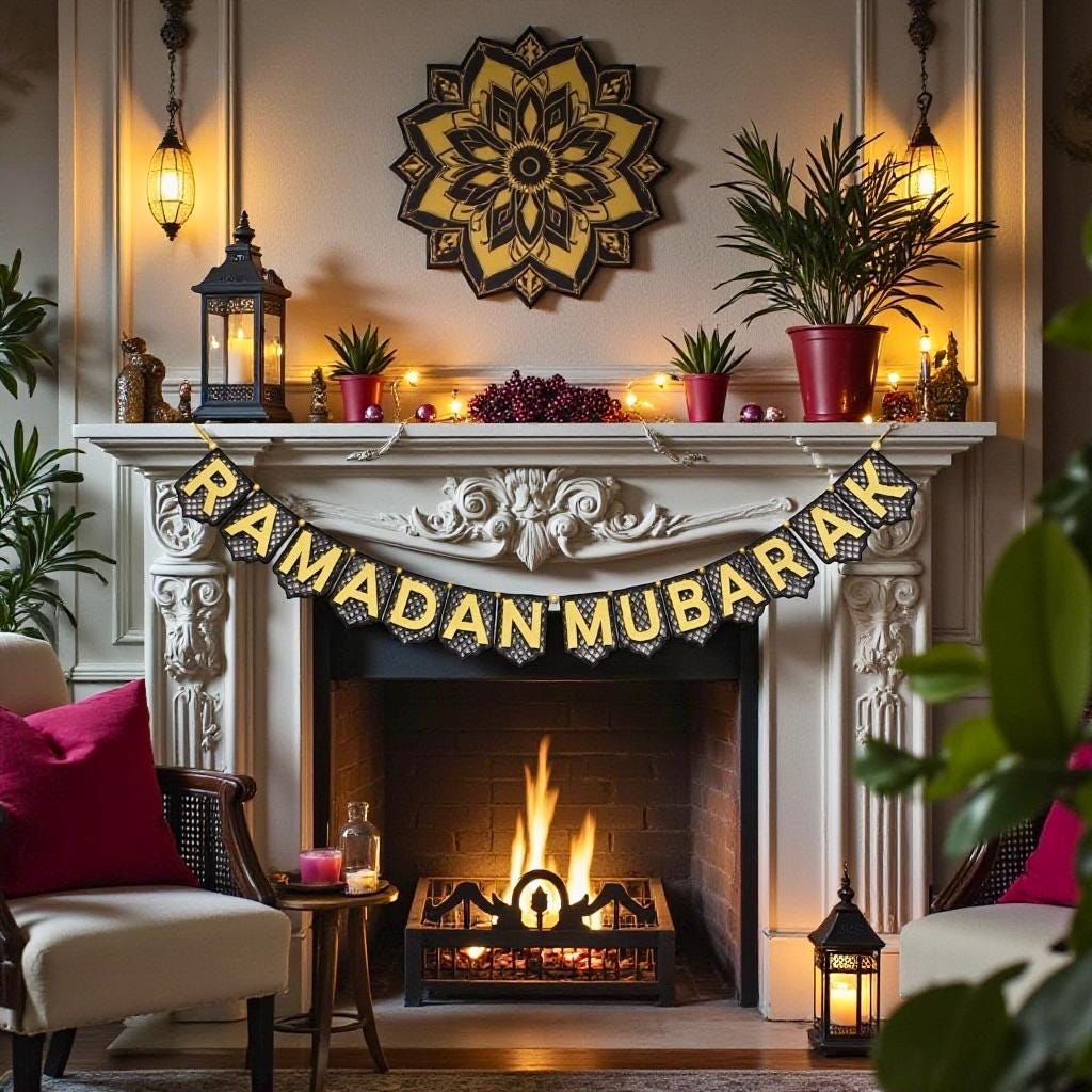 Hand-painted Ramadan banner in entryway – wood pennant Heritage Islamic decor