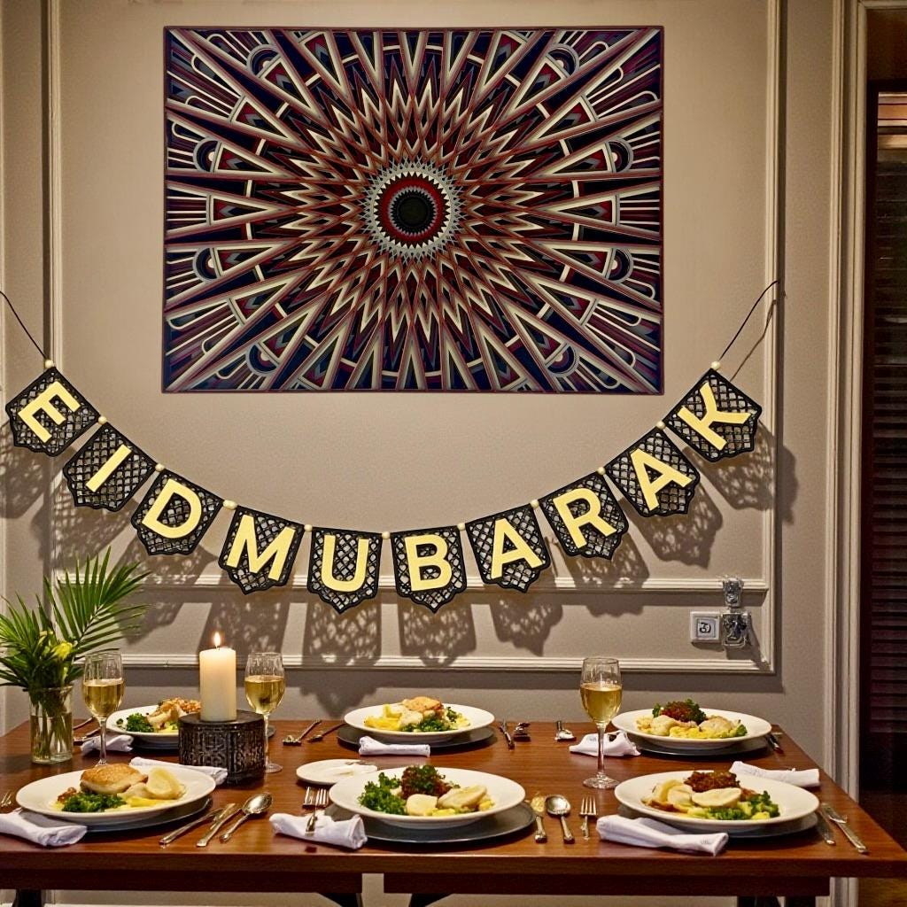 Hand-painted Ramadan Mubarak banner on fireplace – wood pennant Heritage decor