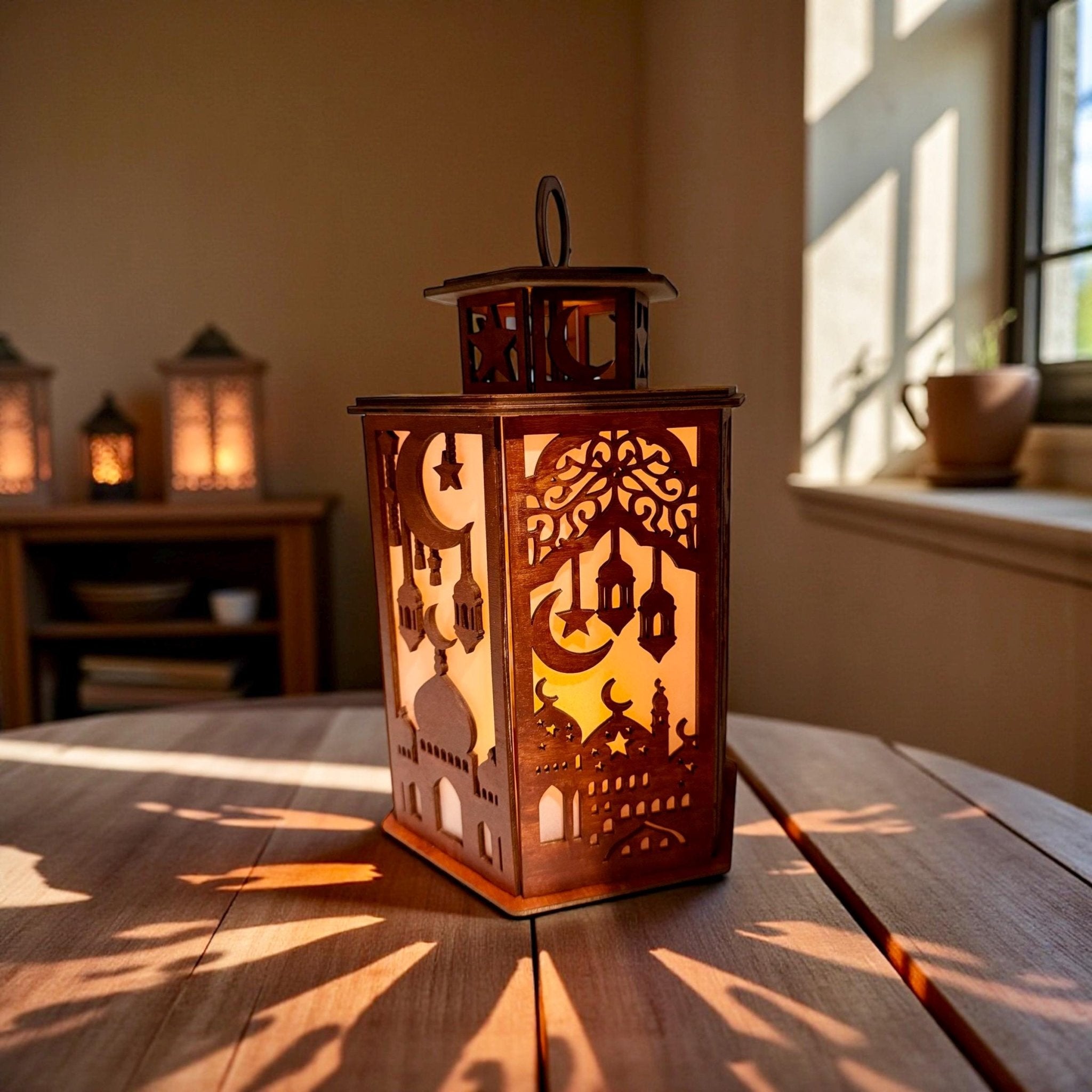 Hand-painted wooden lantern lifestyle – mosque silhouette decor for living room