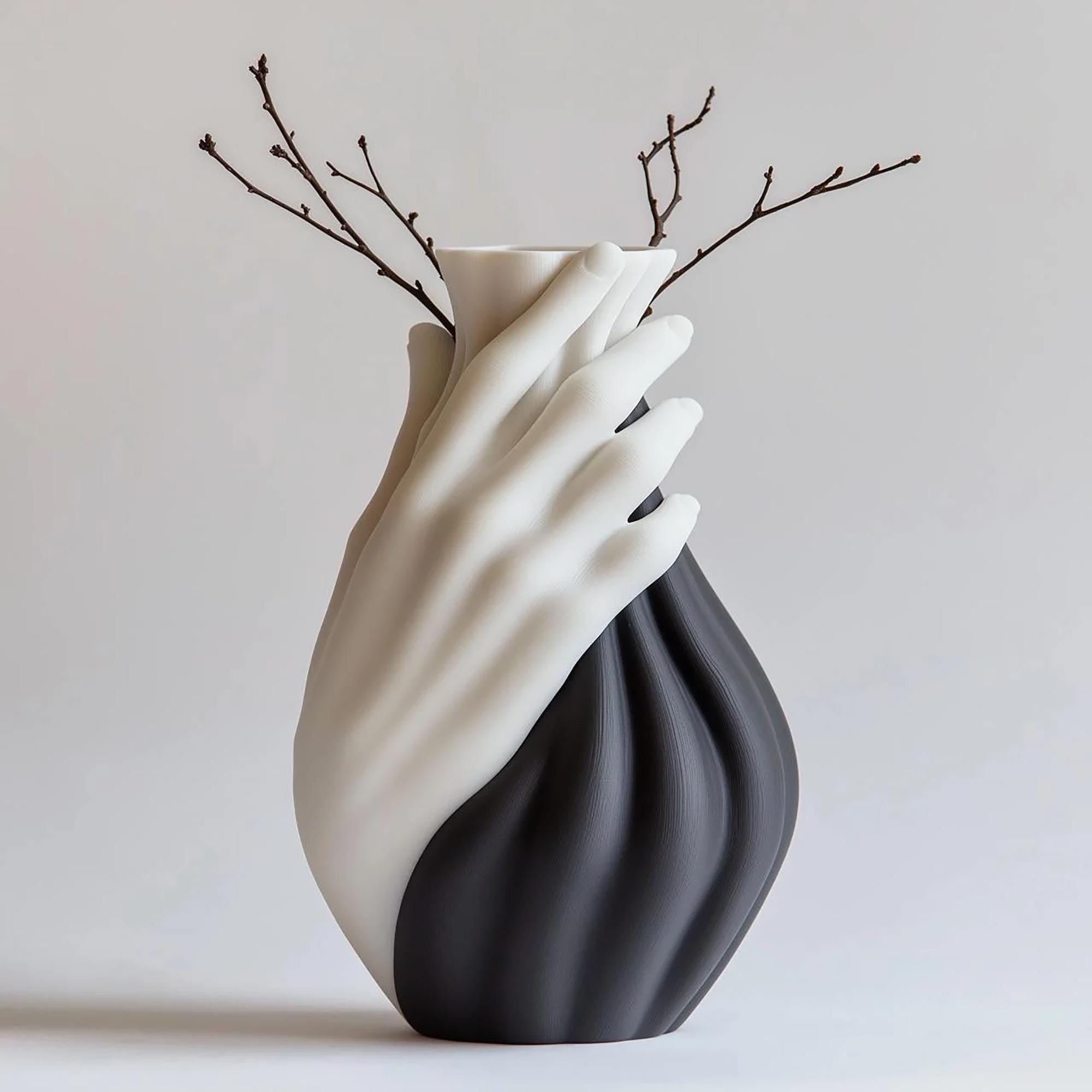 Black and white Hand Vase with branches – two-tone sculptural centerpiece