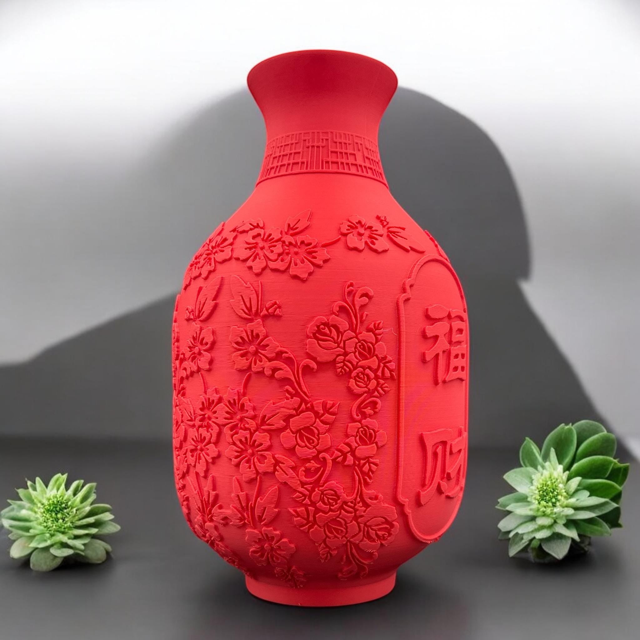 3D Printed Lunar New Year Vase: Red Festive Decor with 福 & 财