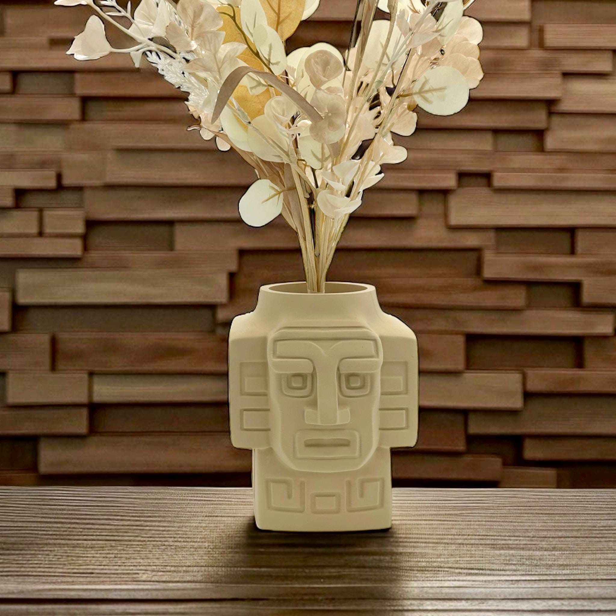 3D Printed Totem Face Vase Modern Tribal Decor Eco-Friendly PLA Contemporary Centerpiece