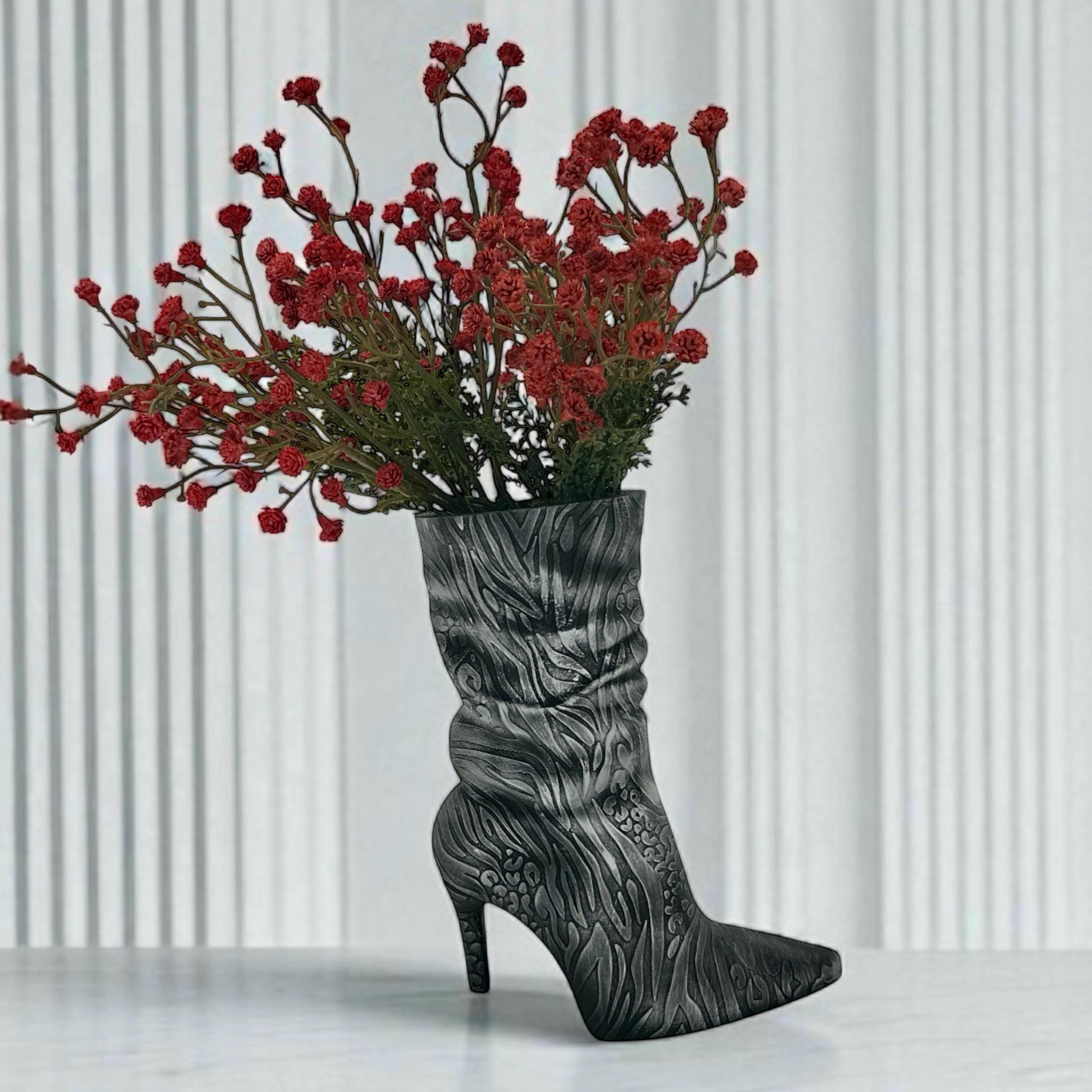 3D Printed High Heel Boot Vase: Hand-Painted Gold/Silver Accent - Modern Fashion Decor