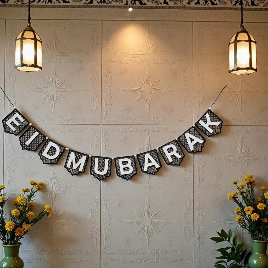 Hand-Painted Laser Cut Wood Pennant Banner Acrylic Lettering Ramadan Eid Mubarak Islamic Decor