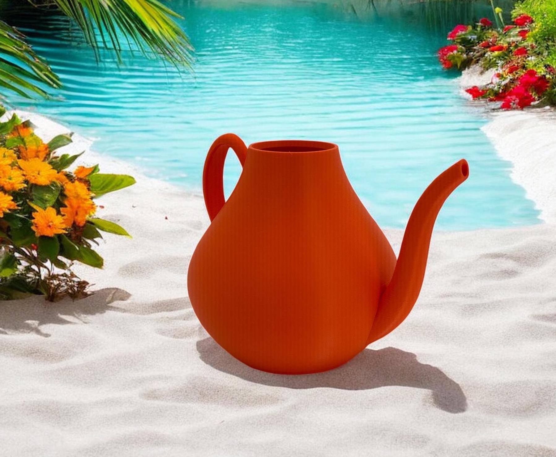 Orange Modern Watering Can with houseplants – modern sculptural indoor watering can