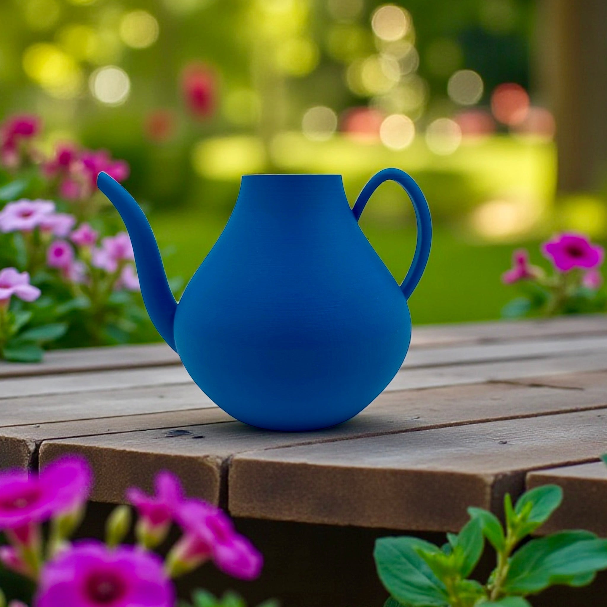 Blue Modern Watering Can with houseplants – modern sculptural indoor watering can