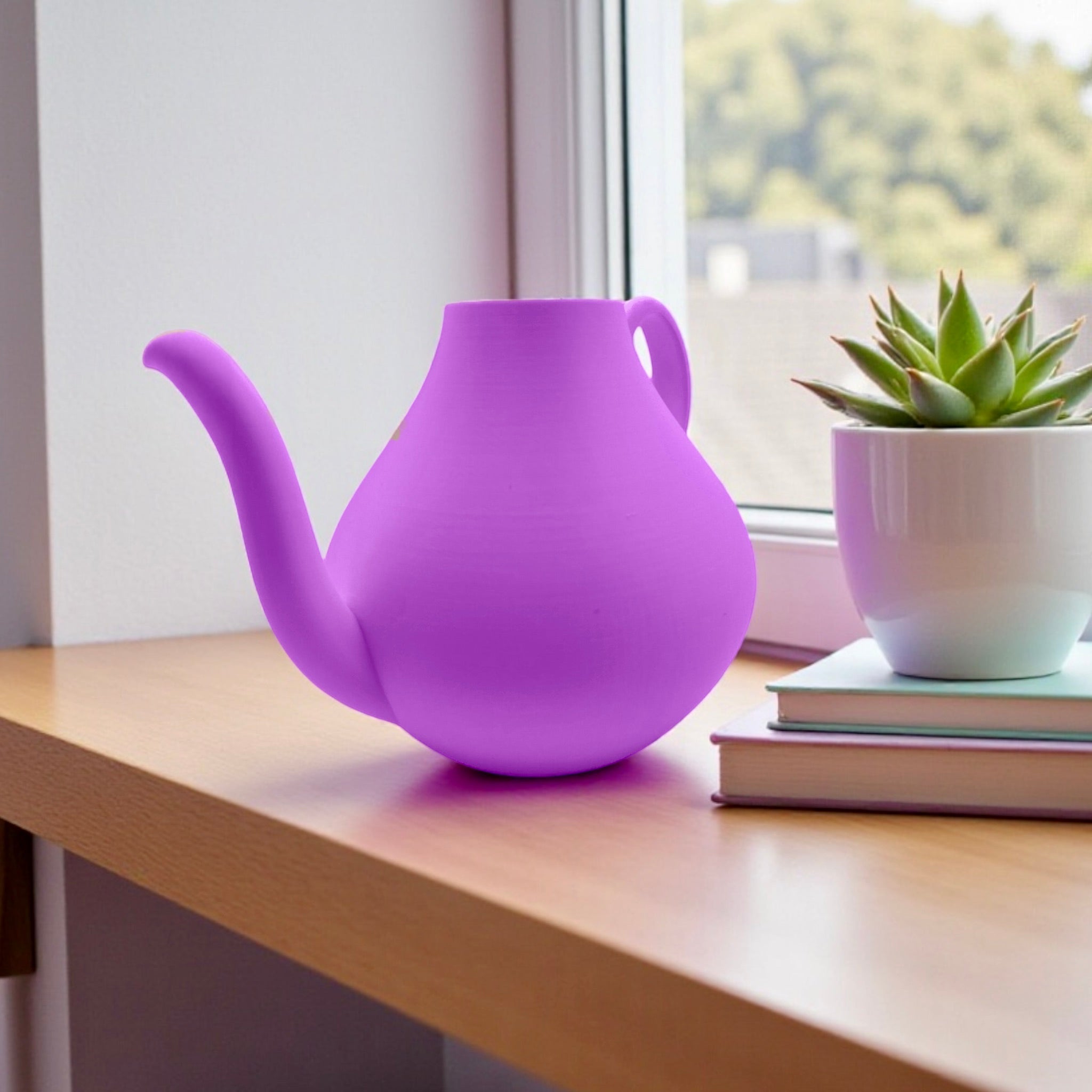 Purple Modern Watering Can styled with houseplants – modern sculptural watering can