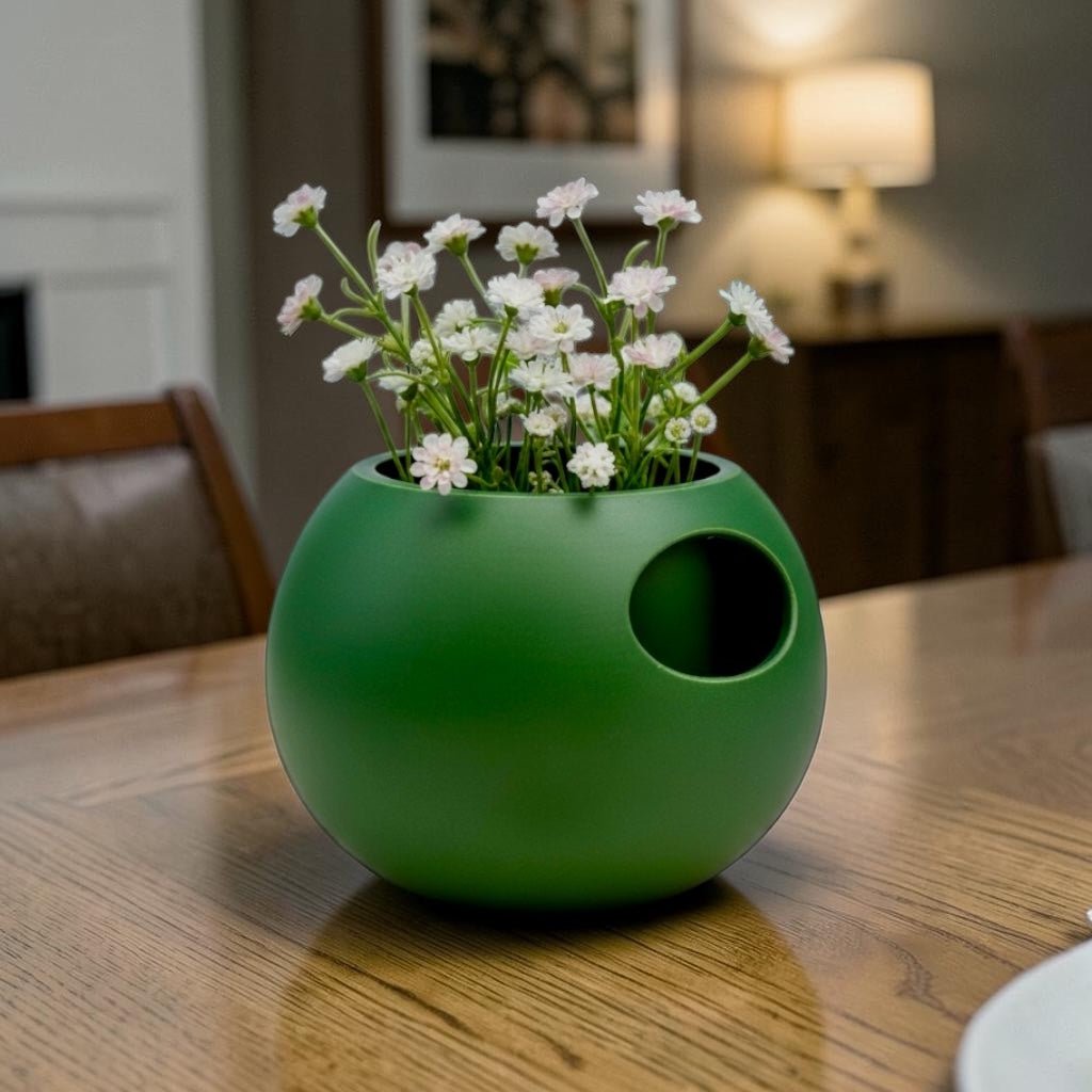 Grass Green Self-Watering Sphere Planter with small green houseplant – modern indoor plant pot
