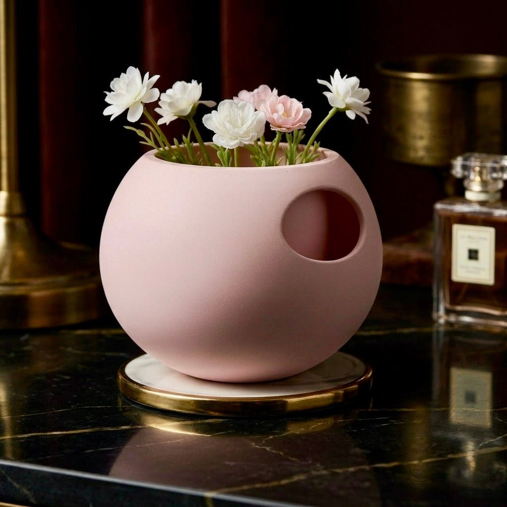 Pink Self-Watering Sphere Planter with pink floral arrangement – modern sphere-form planter