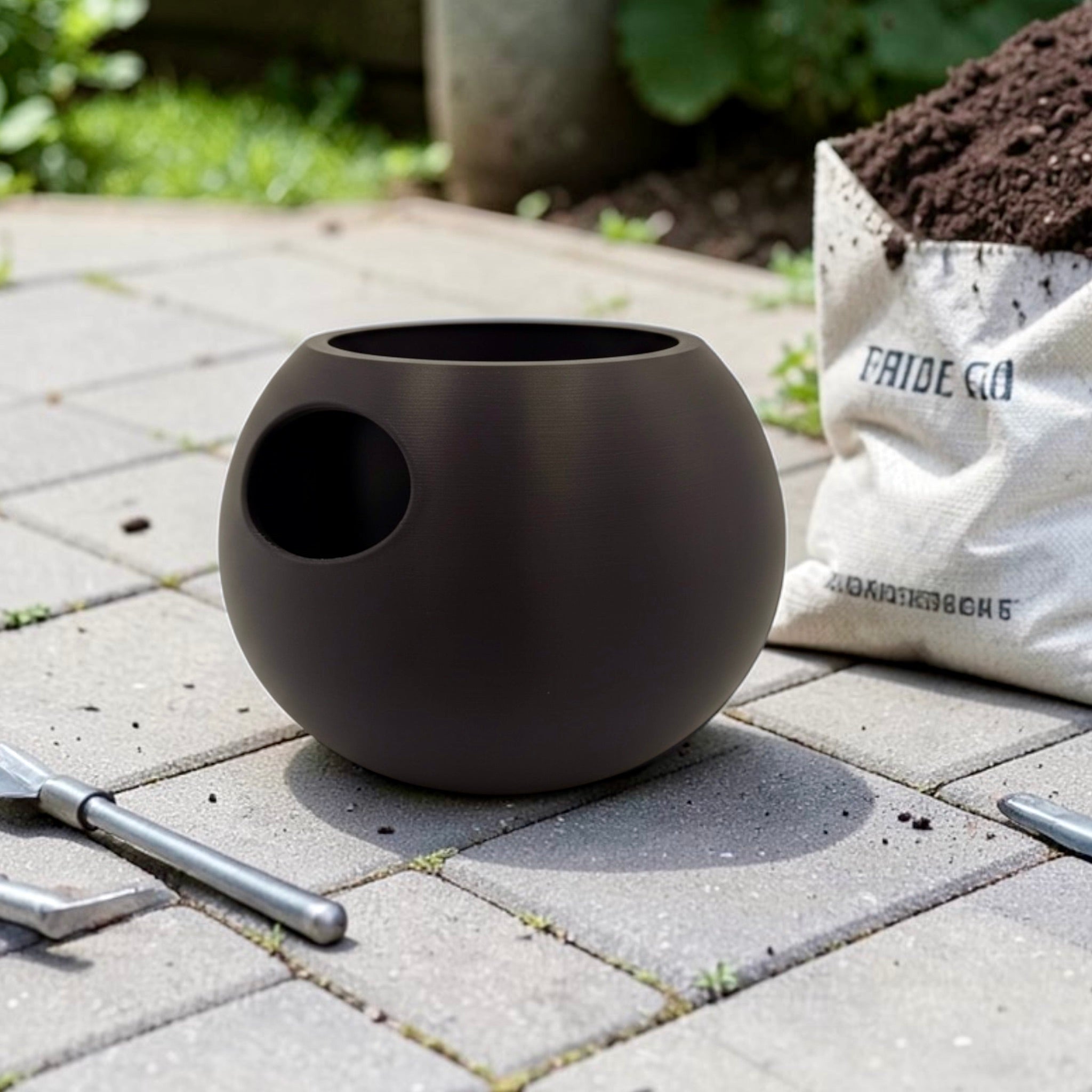 Brown Self-Watering Sphere Planter with small green houseplant – modern indoor plant pot