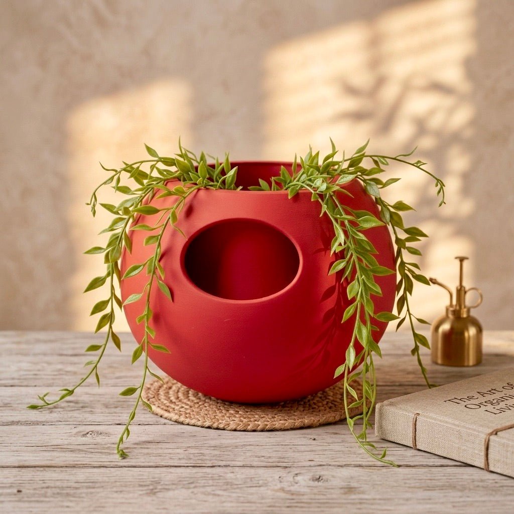Red Self-Watering Sphere Planter with small green houseplant – modern indoor plant pot