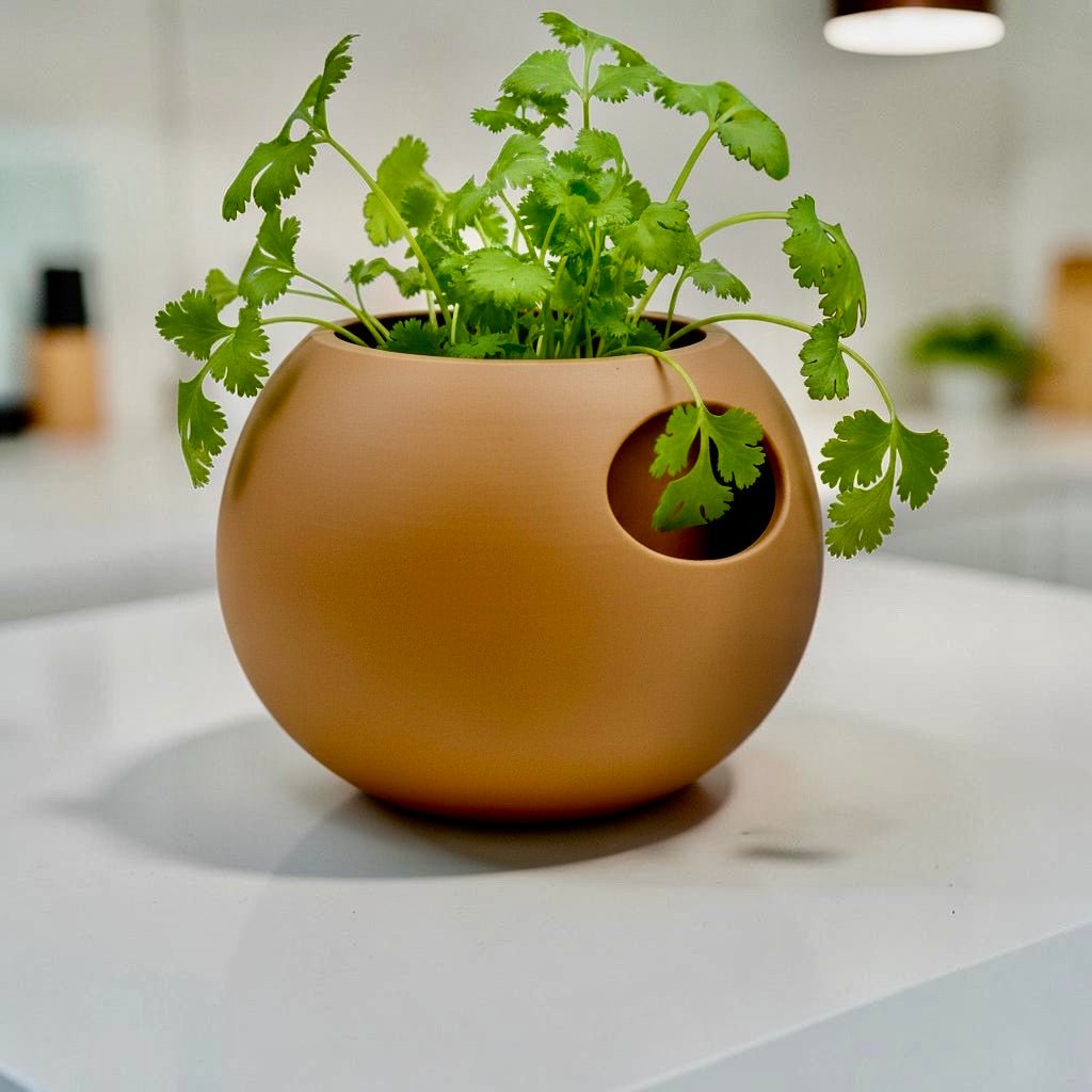 Latte Self-Watering Sphere Planter with small green houseplant – modern indoor plant pot