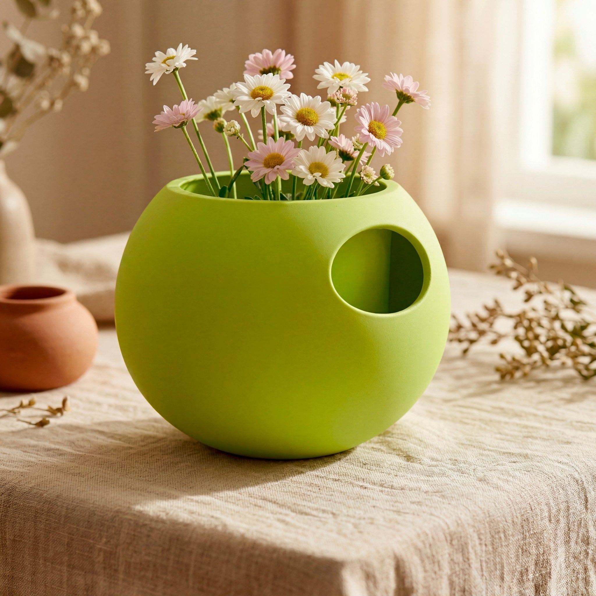 Lime Green Self-Watering Sphere Planter with small green houseplant – modern indoor plant pot